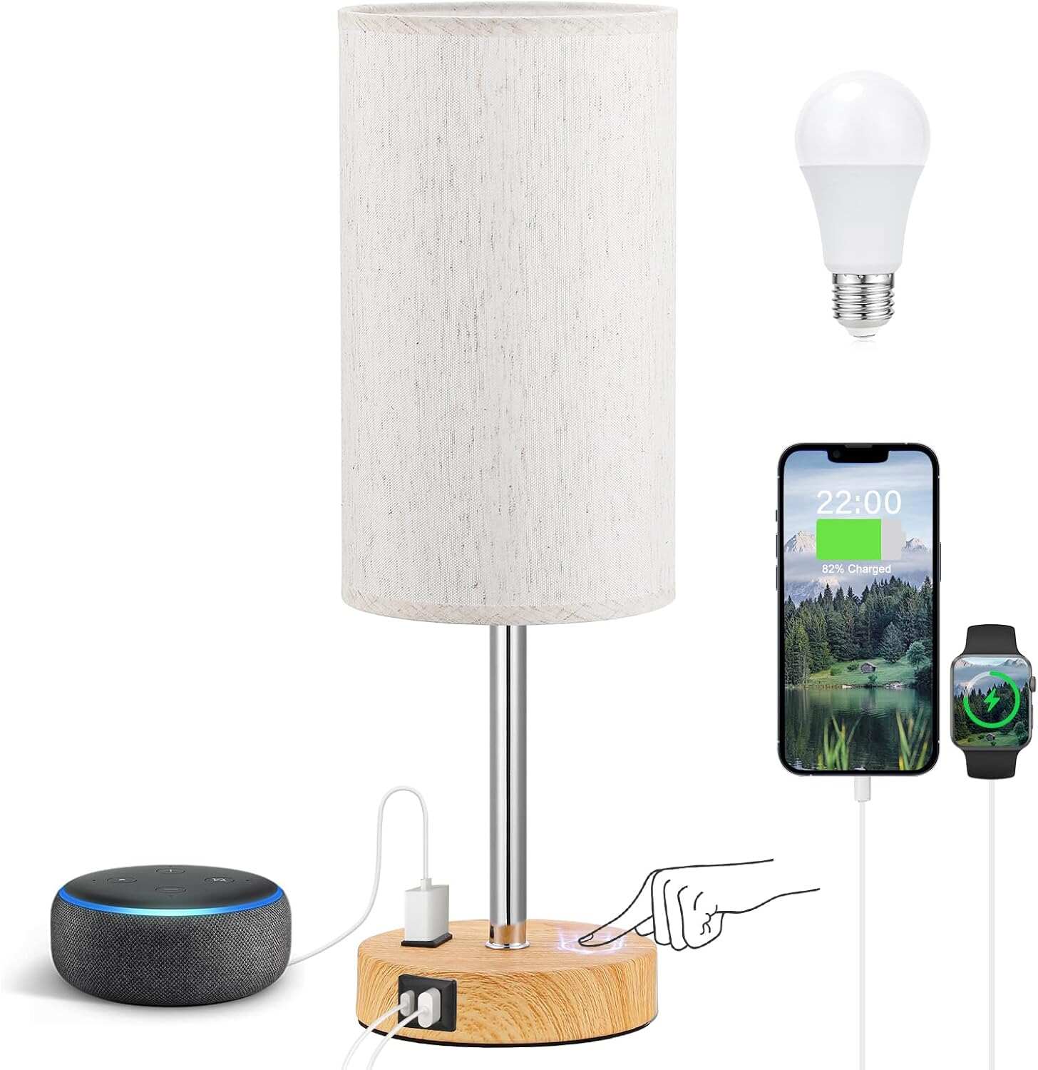 Bedside Table Lamp for Bedroom - 3 Way Dimmable Touch Lamp USB C Charging Ports and AC Outlet, Small Lamp Wood Base Round Flaxen Fabric Shade for Living Room, Desk, LED Bulb Included