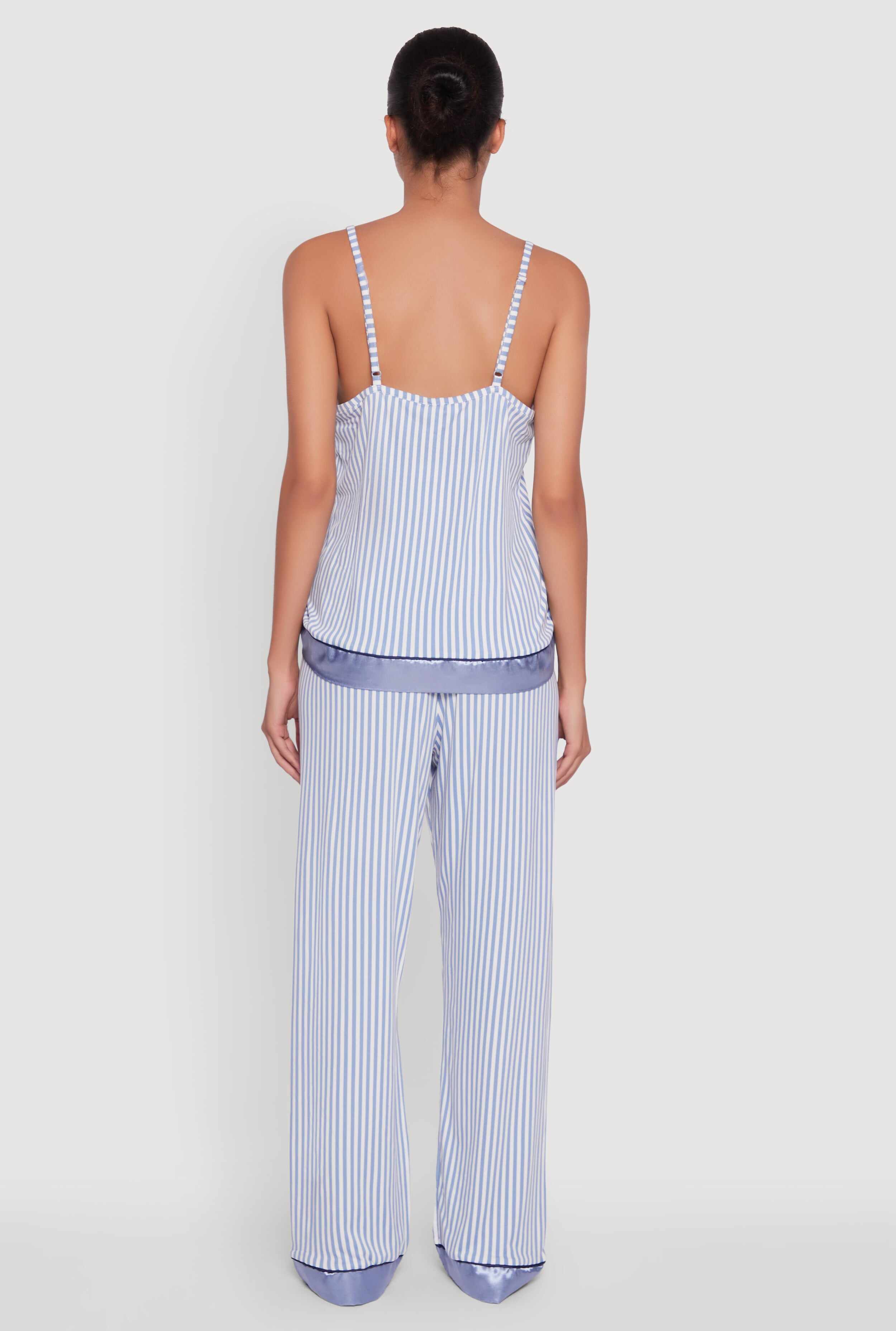 Striped Contrast Satin Trim Pajama Cami and Pants