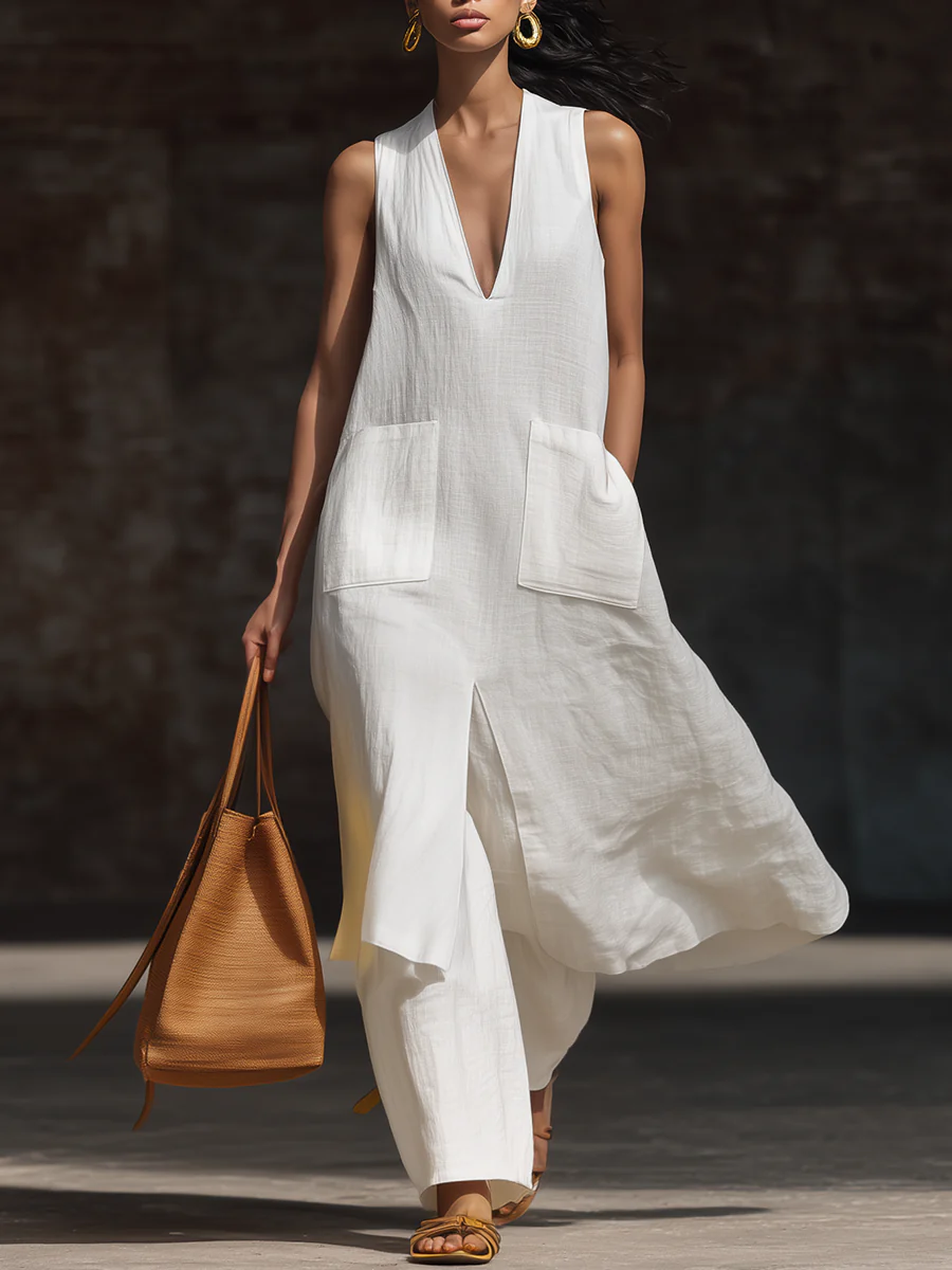 🔥Summer Arrivals🌟Stylish V-neck Long Shirt And Wide-leg Pant Linen Two-piece Set