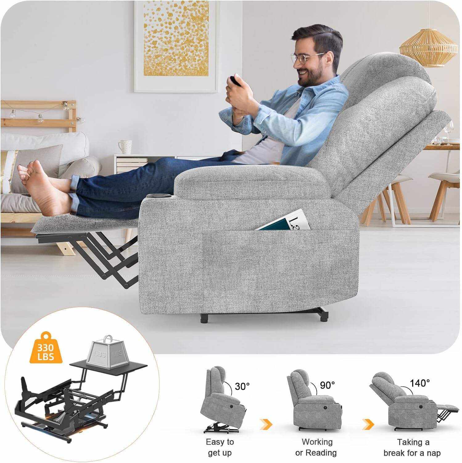 YONISEE Lar2ge Lift Chairs Recliner for Elderly - Power Fabric Lift Chair Modern with Massage and Heat, Extended Footrest, 3 Positions, 2 Side Pockets, and Cup Holders, USB Ports, Coffee Color