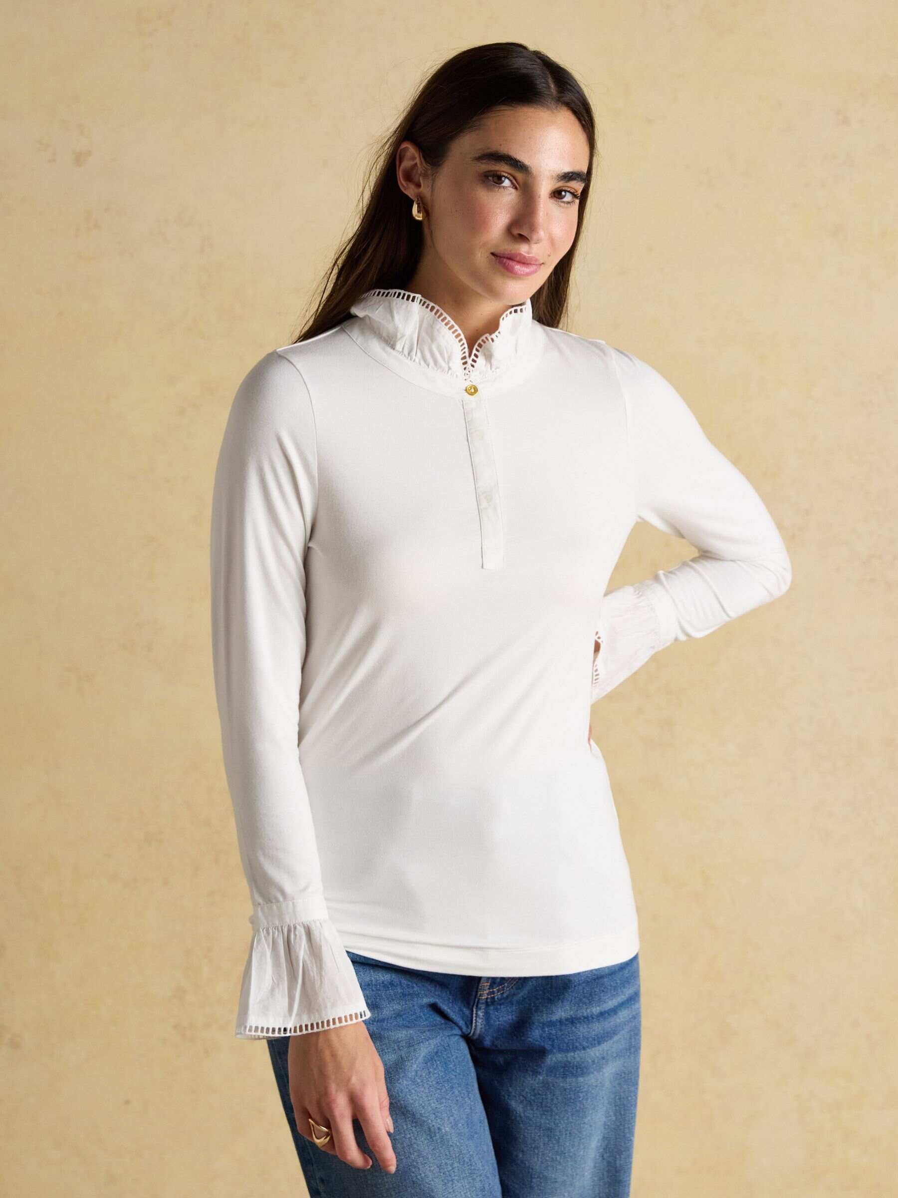 Kate White Long Sleeve Frilled Neck Top