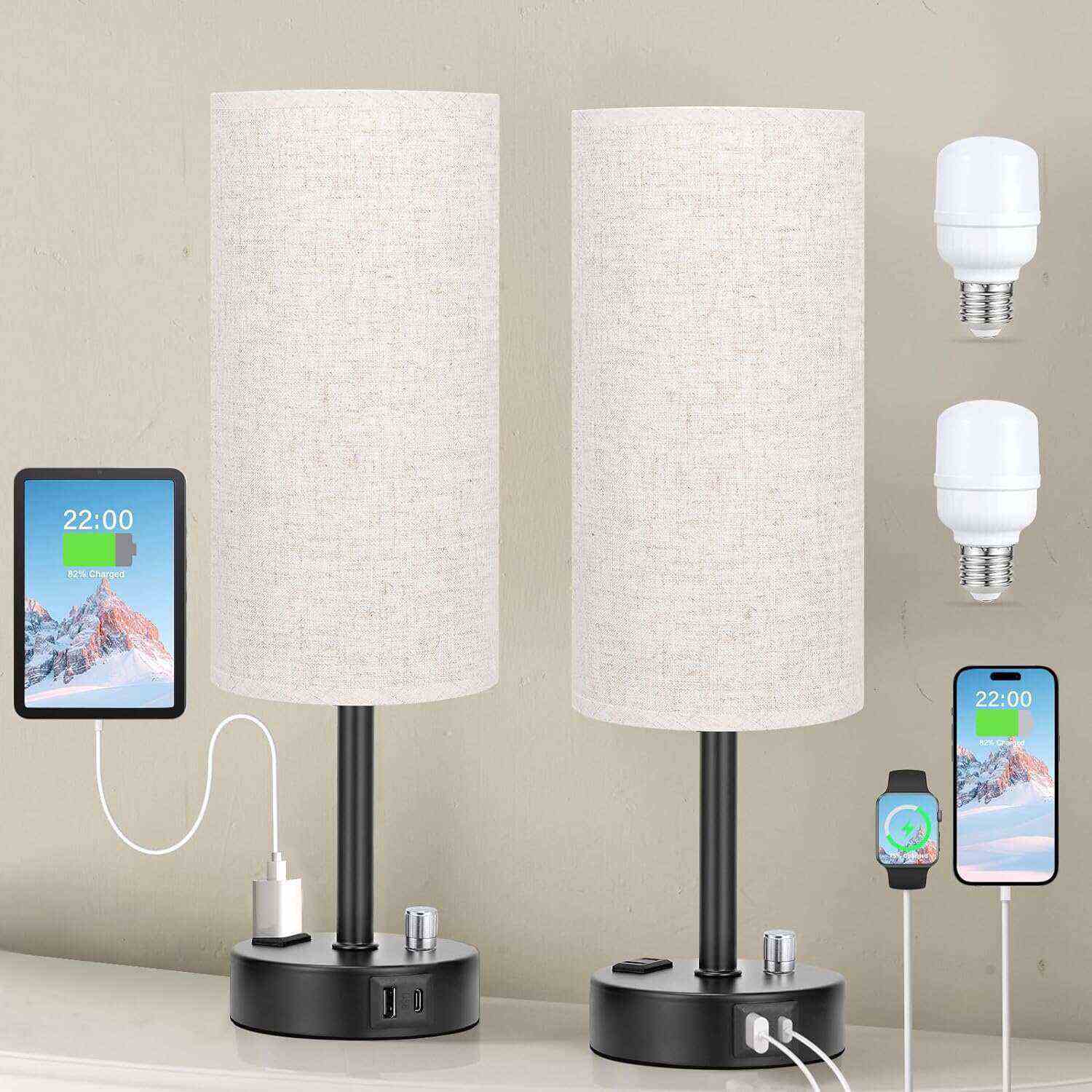 Bedside Table Lamp for Bedroom - 3 Way Dimmable Touch Lamp USB C Charging Ports and AC Outlet, Small Lamp Wood Base Round Flaxen Fabric Shade for Living Room, Desk, LED Bulb Included
