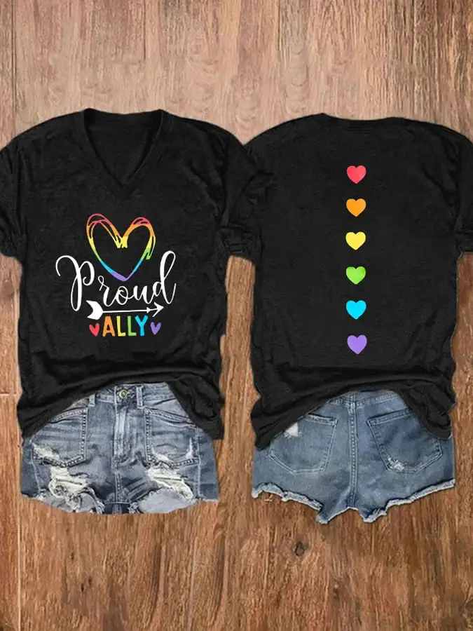 Women'S Proud Ally Rainbow Love Heart Print T-shirt