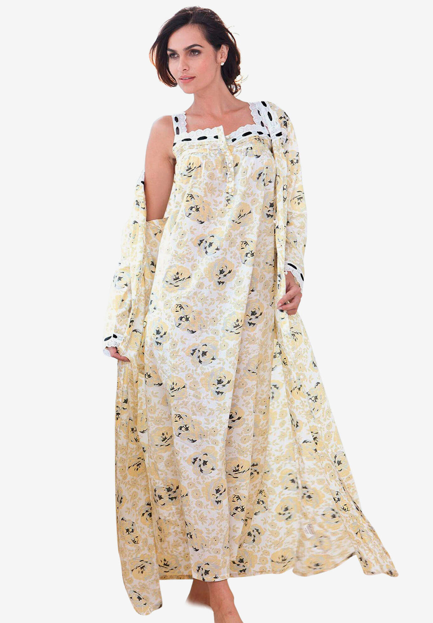 Long 2-Piece Cabbage-Rose Peignoir Set