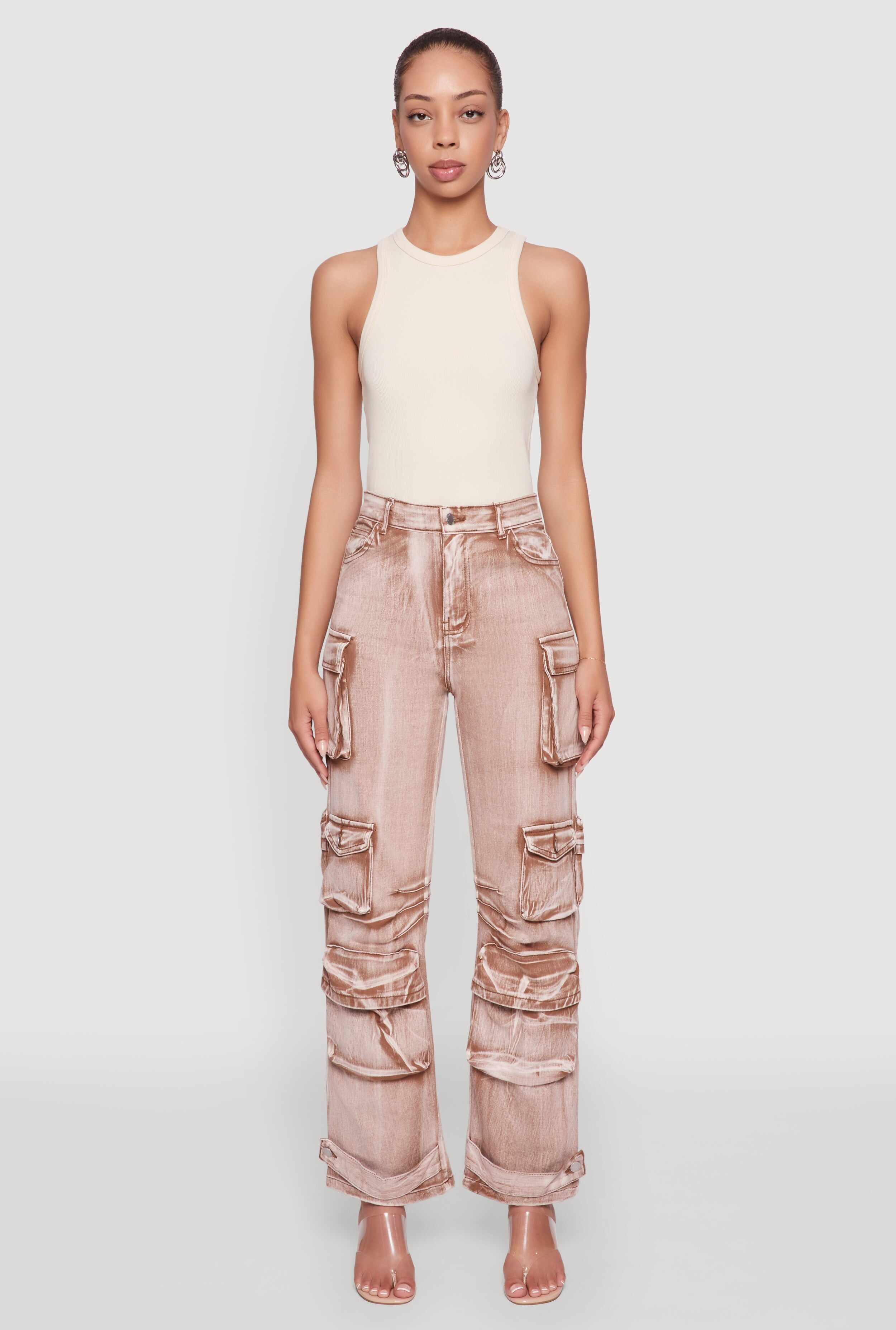 Daisy Acid Wash High Waisted Wide Leg Cargo Pants