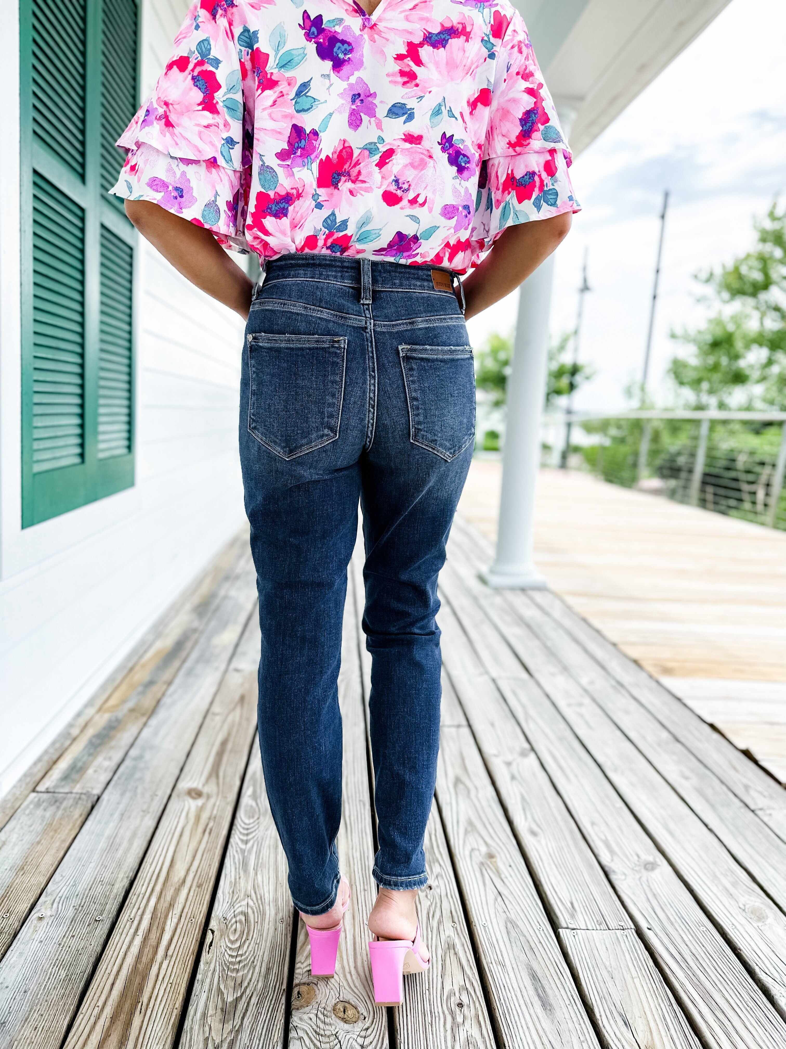 🔥Hot Sales🔥My Favorite Boyfriend Mid Rise Dark Wash Non Distressed Cuffed Boyfriend Jeans