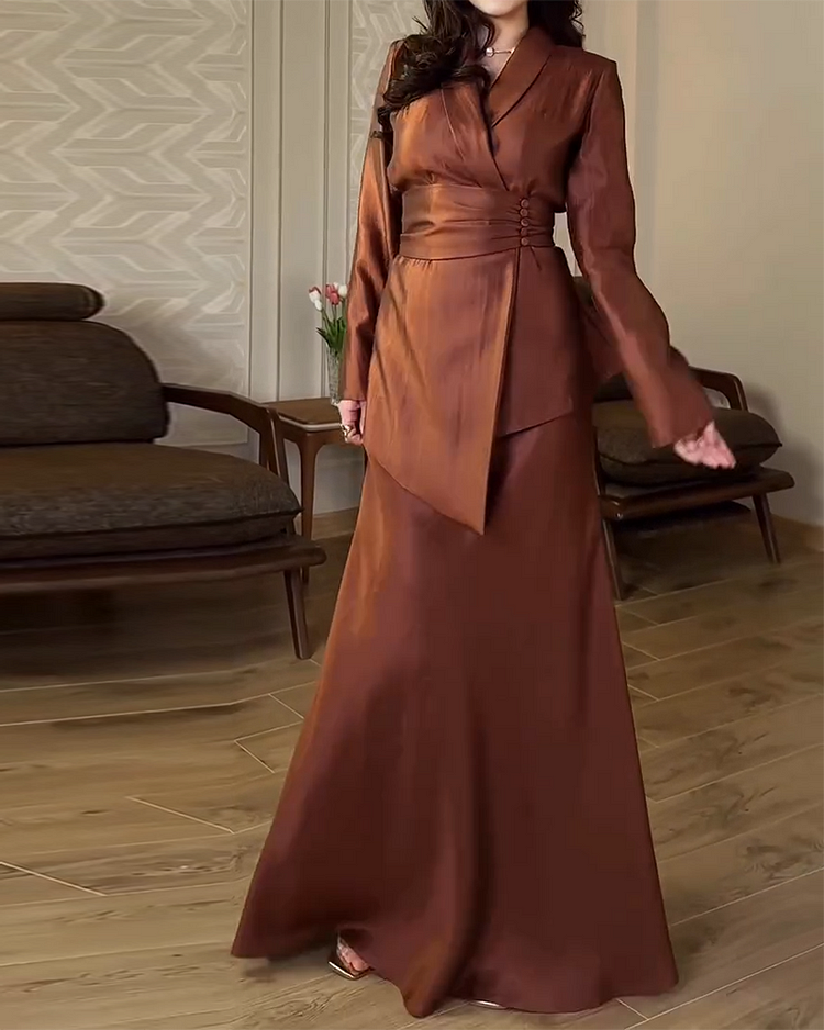 Lapel Button-down Drawstring Top and Skirt Two-piece Set
