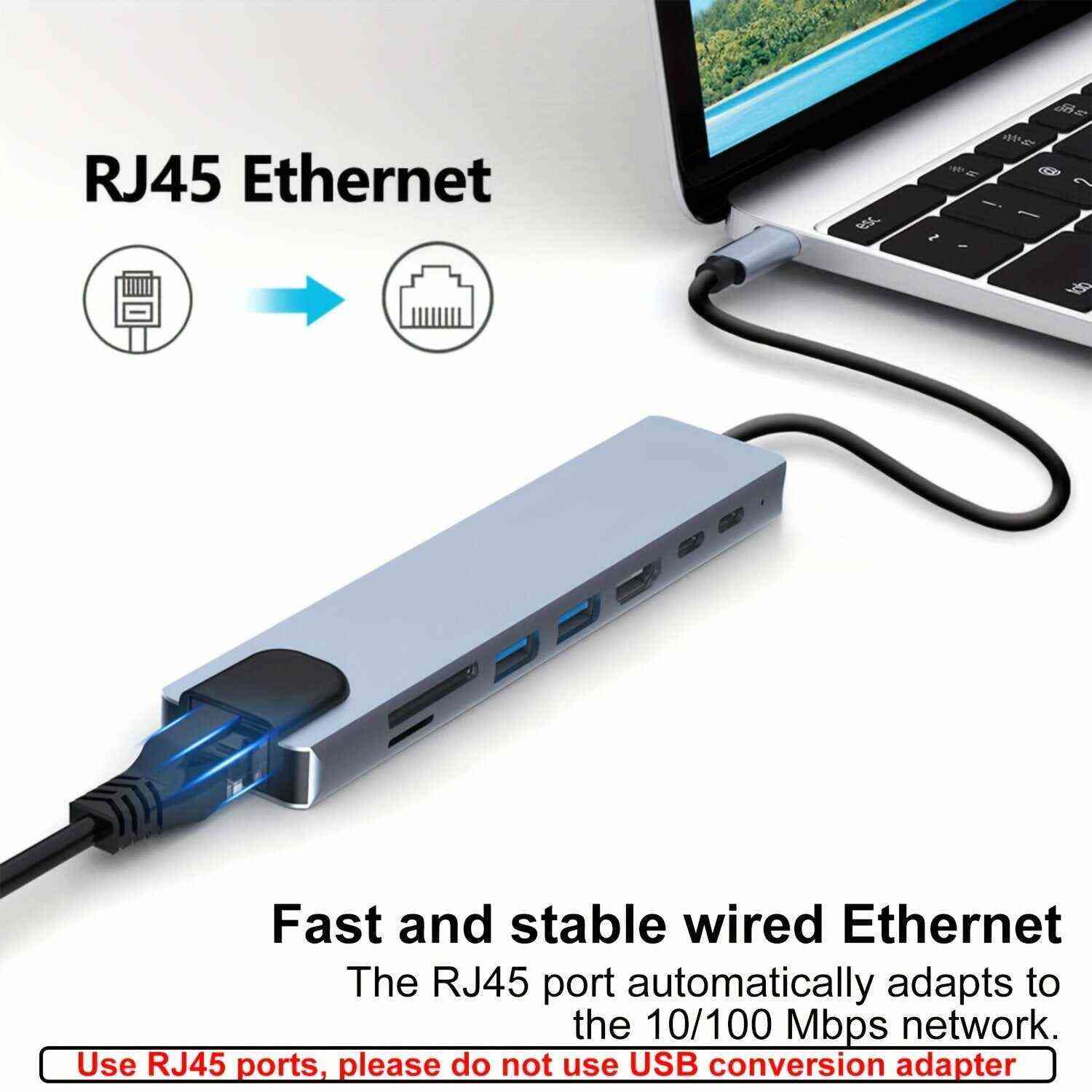 8 In 1 USB C HUB, USB C Adapter With 4K HDTV, 100W PD, USB C Port, USB 3.0,USB 2.0,RJ45 Ethernet, SD/TF Card Reader, Docking Station Compatible For MacBook Pro/Air USB C Laptops And Other Type C Devices