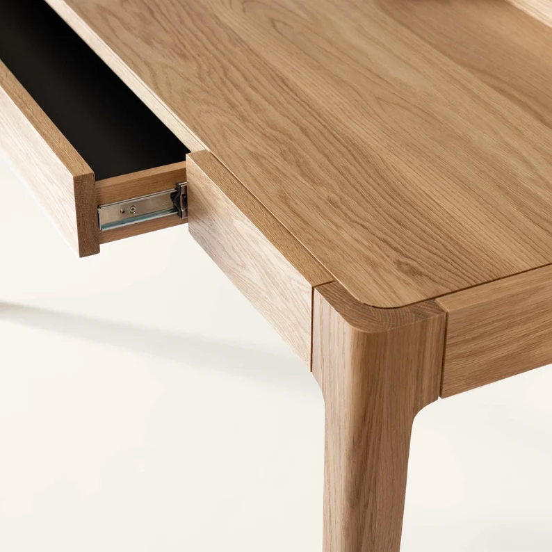 Solid Wood Writing Desk with Drawer and Cable Management | Scandinavian Mid Century Modern Large Desk | Walnut & Oak | NOVA DESK