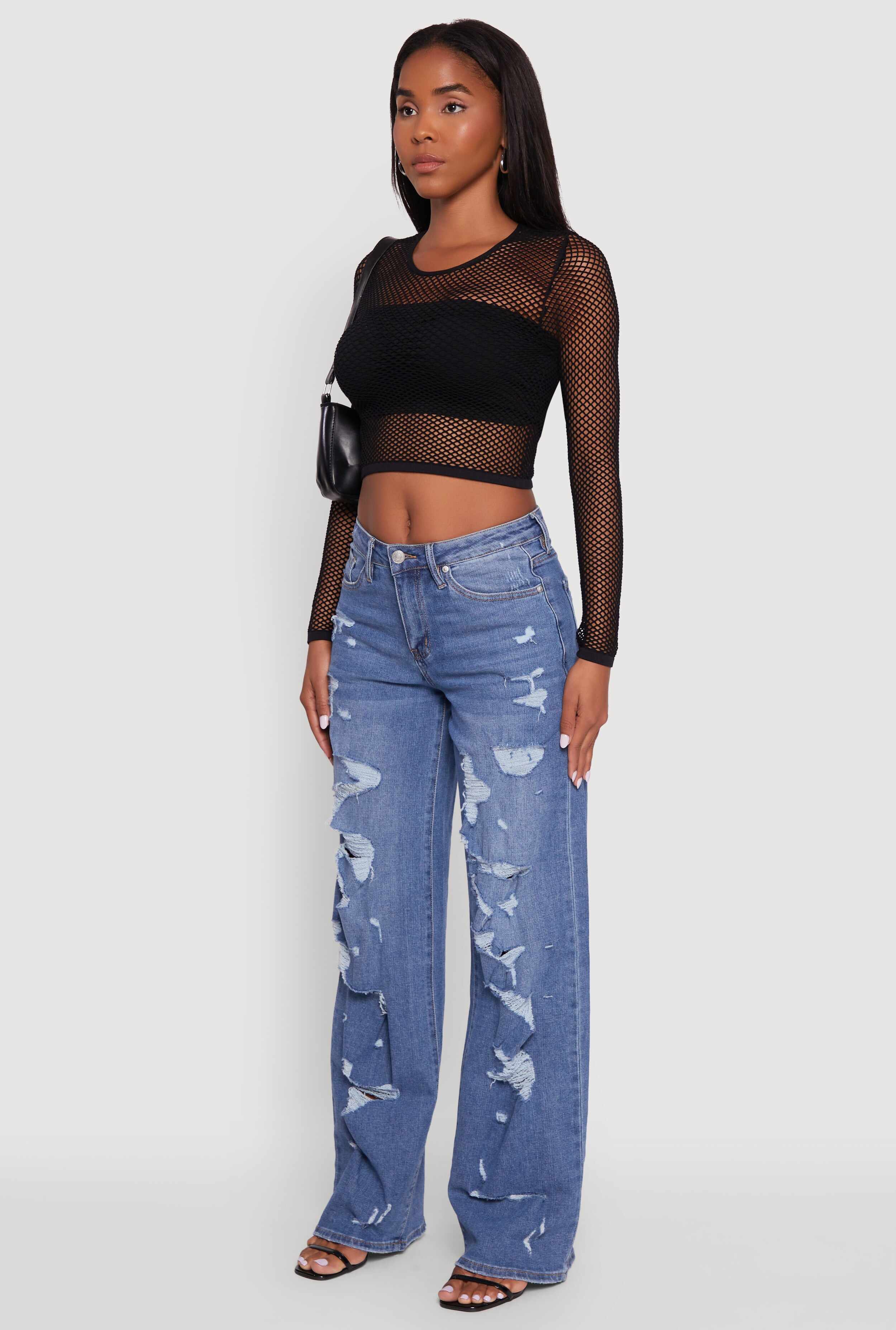 Fishnet Long Sleeve Solid Crop Top
