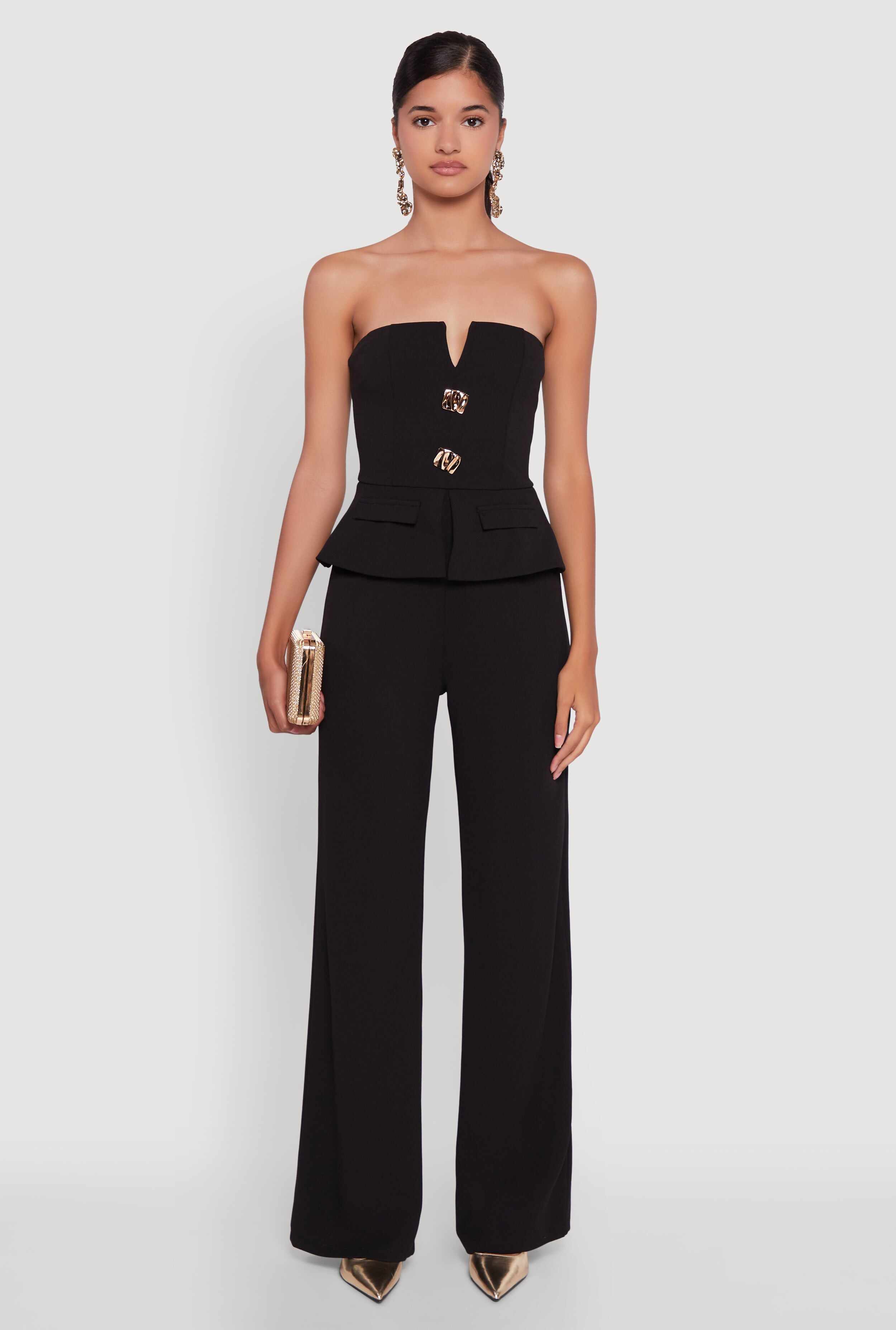 Metallic Button Faux Pocket Peplum Detail Wide Leg Jumpsuit
