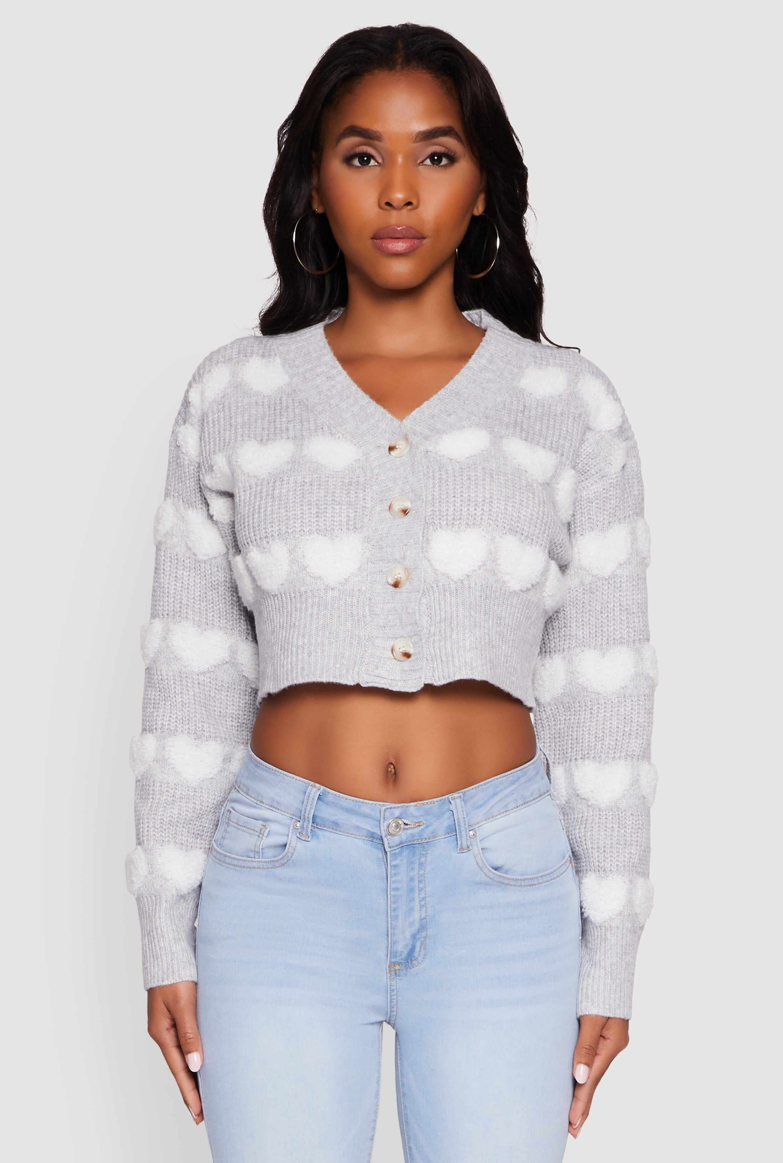 Chenille Heart Patterned Brushed Knit Cropped Cardigan