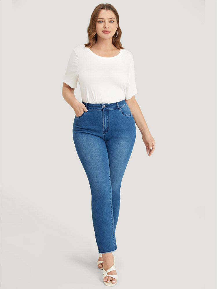 Very Stretchy High Rise Medium Wash Lace Insert Raw Hem Jeans