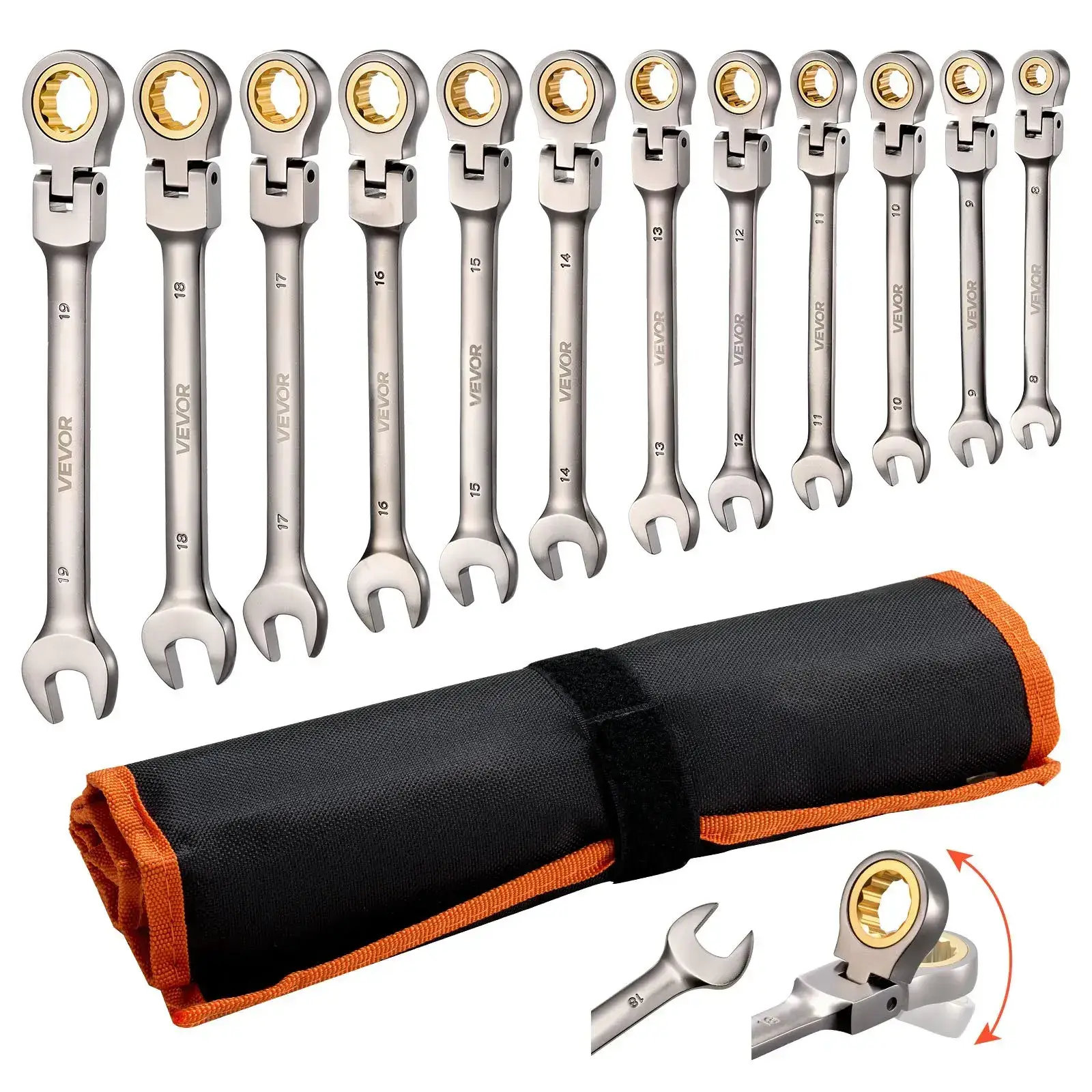 12-Piece Multifunctional Flex-Head Ratcheting Wrench Set, Metric 8 mm-19 mm, 72 Teeth Cr-V Steel Flexible Combination Wrench Set, Car & Automotive Tools with Roll Up Pouch, for Household & Automotive Repairs, Multifunctional Wrench Set