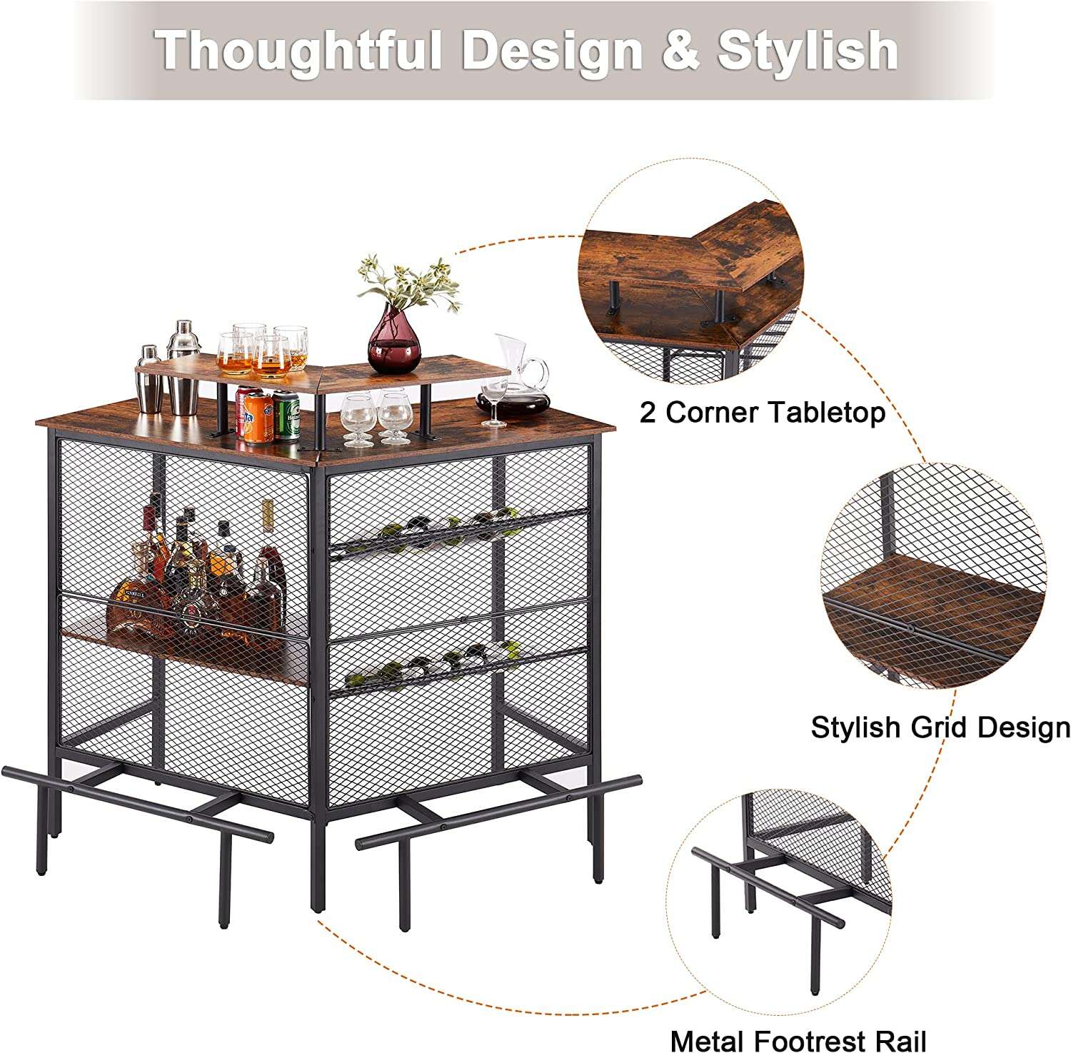 VECELO Bar Unit, 3 Tier Liquor Cabinet with Metal Mesh Front