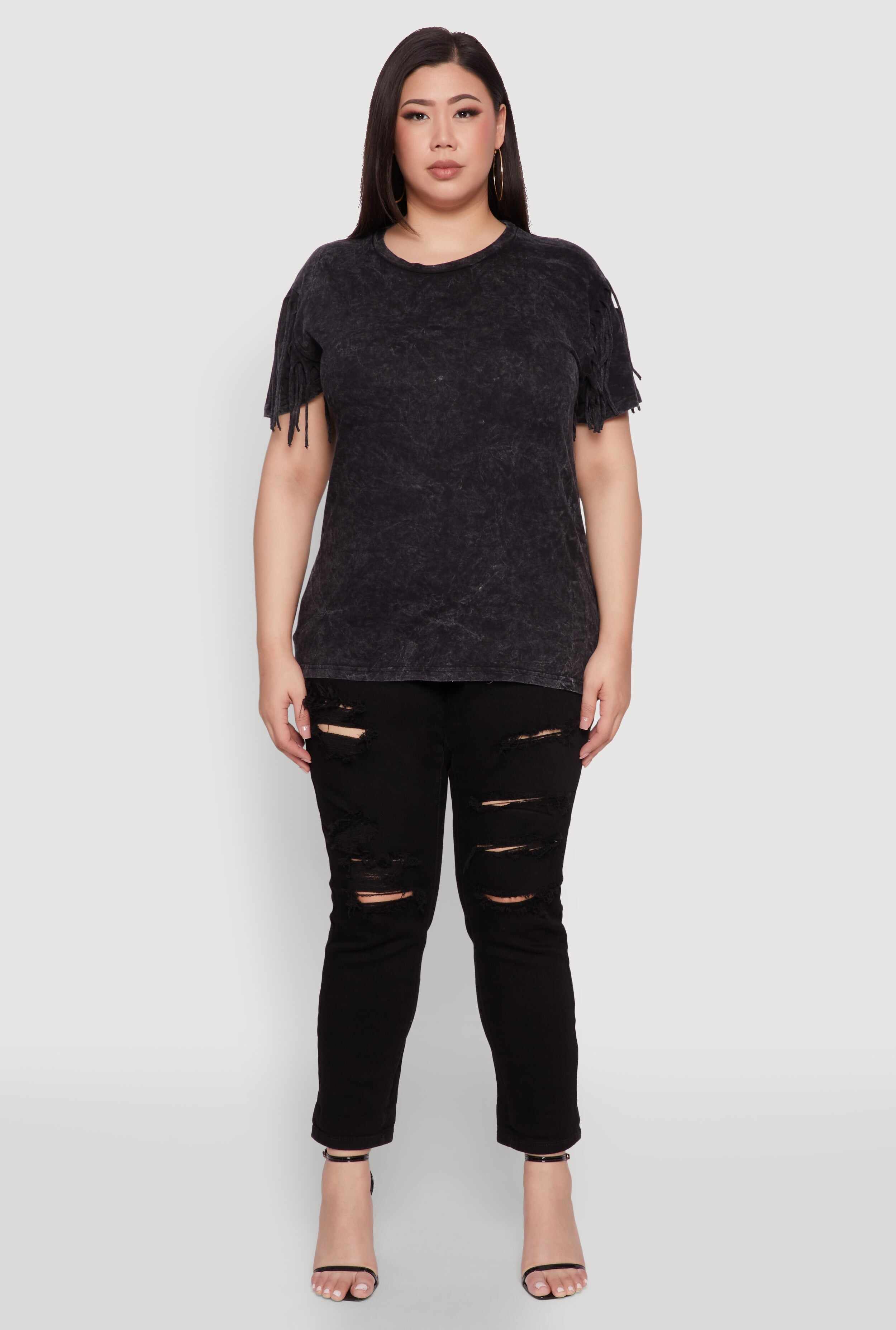 Plus Size Trendy Mineral Wash Fringe Sleeve Tee