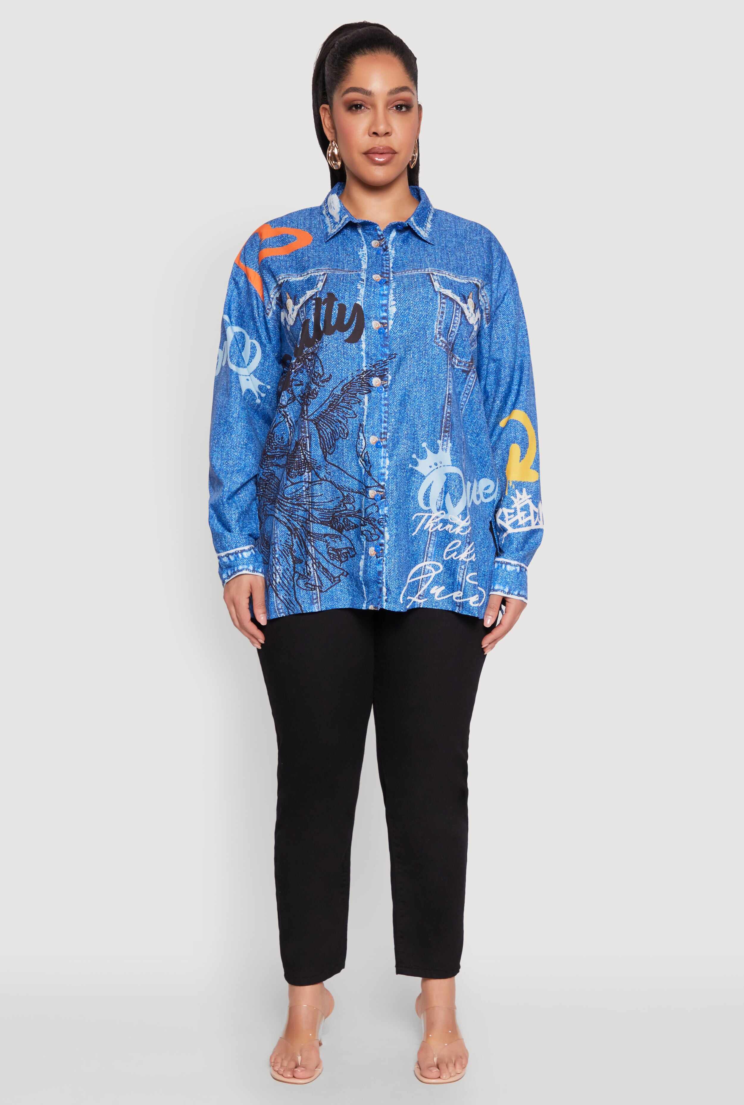 Plus Size Graffiti Denim Graphic Shirt