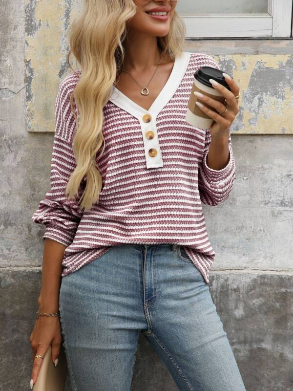 V-neck Button-front Long-sleeve Casual Spliced ​​Pullover