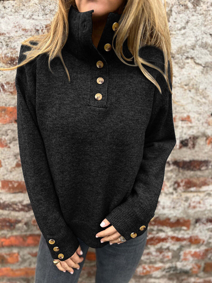 Women's Stand-up Collar Knit Solid Color Button Casual Loose Sweater