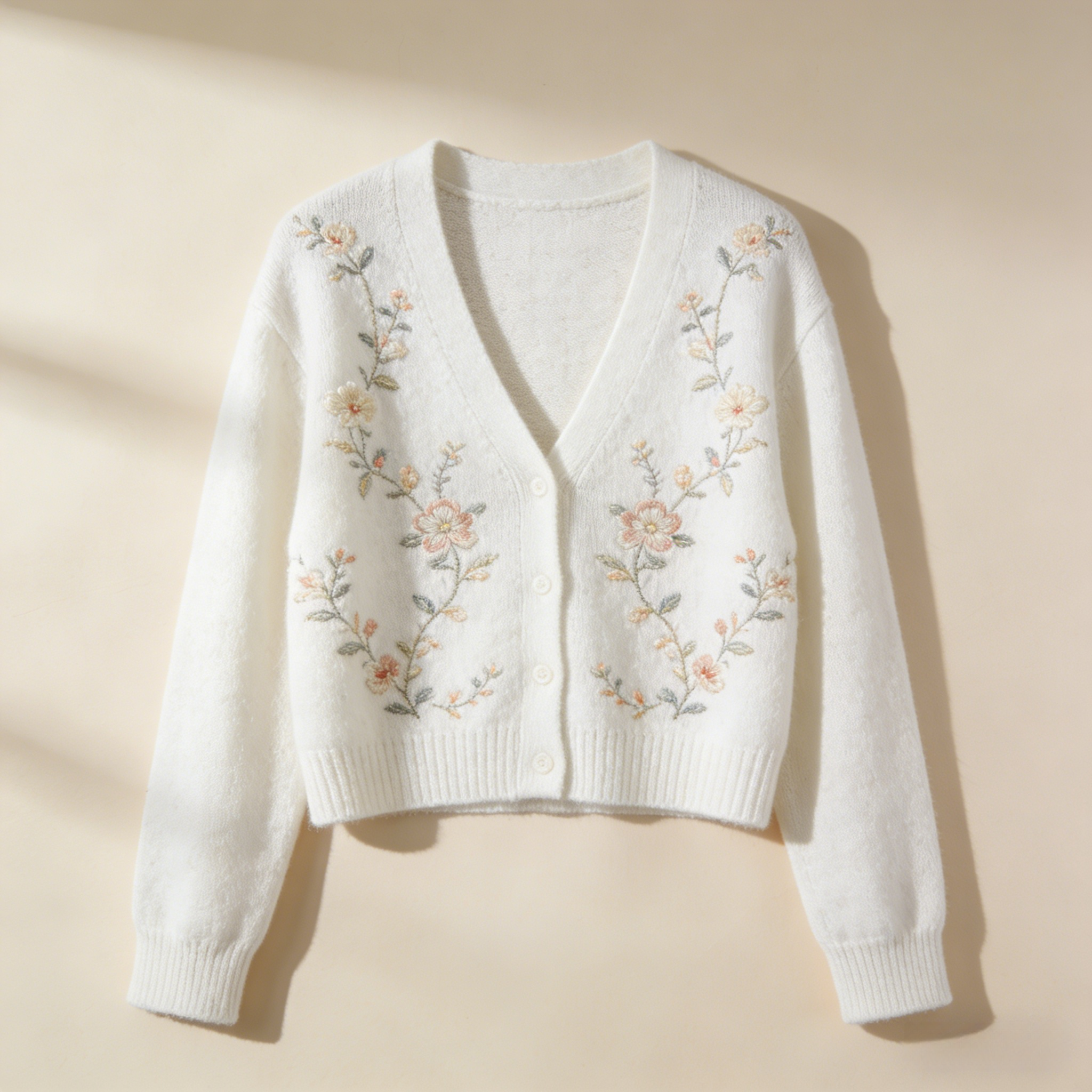 White Floral Embroidery Short Cashmere Knit Cardigan V Neck Spring