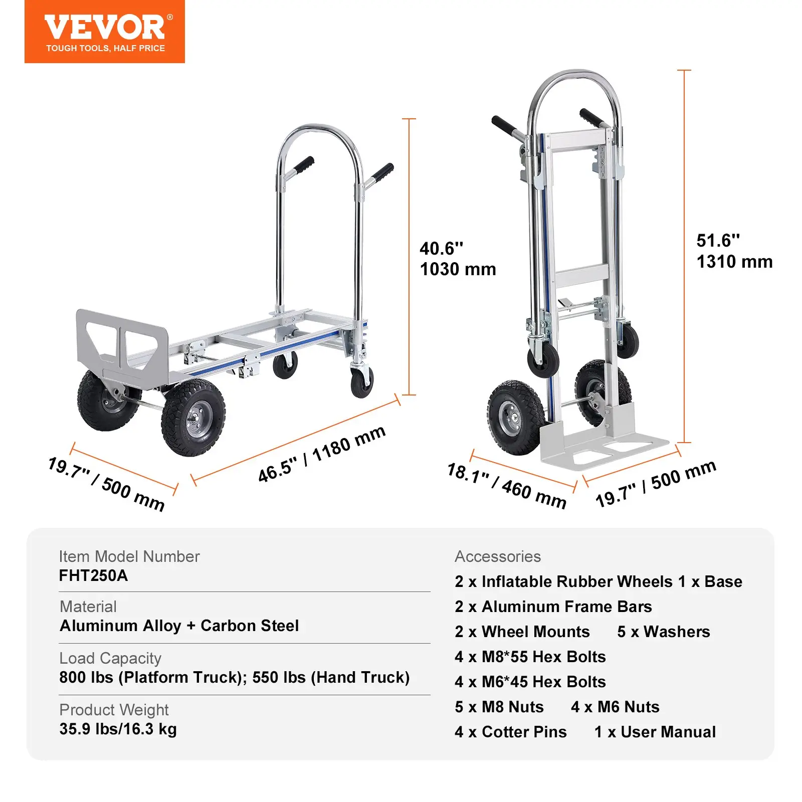 Aluminum Folding Hand Truck, 2 in 1 Design Max 800 lbs Capacity, Heavy Duty Industrial Collapsible cart, Dolly Cart with Rubber Wheels for Transport and Moving in Warehouse, Supermarket, Garden