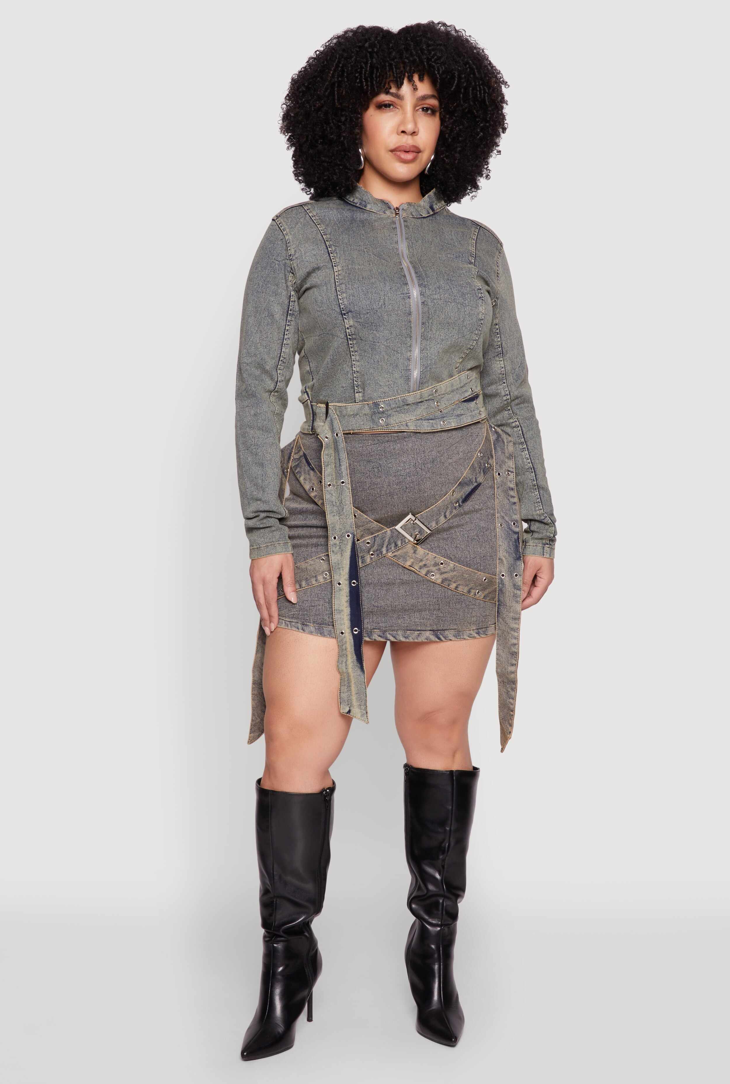 Plus Size Mineral Wash Buckle Strap Jean Jacket