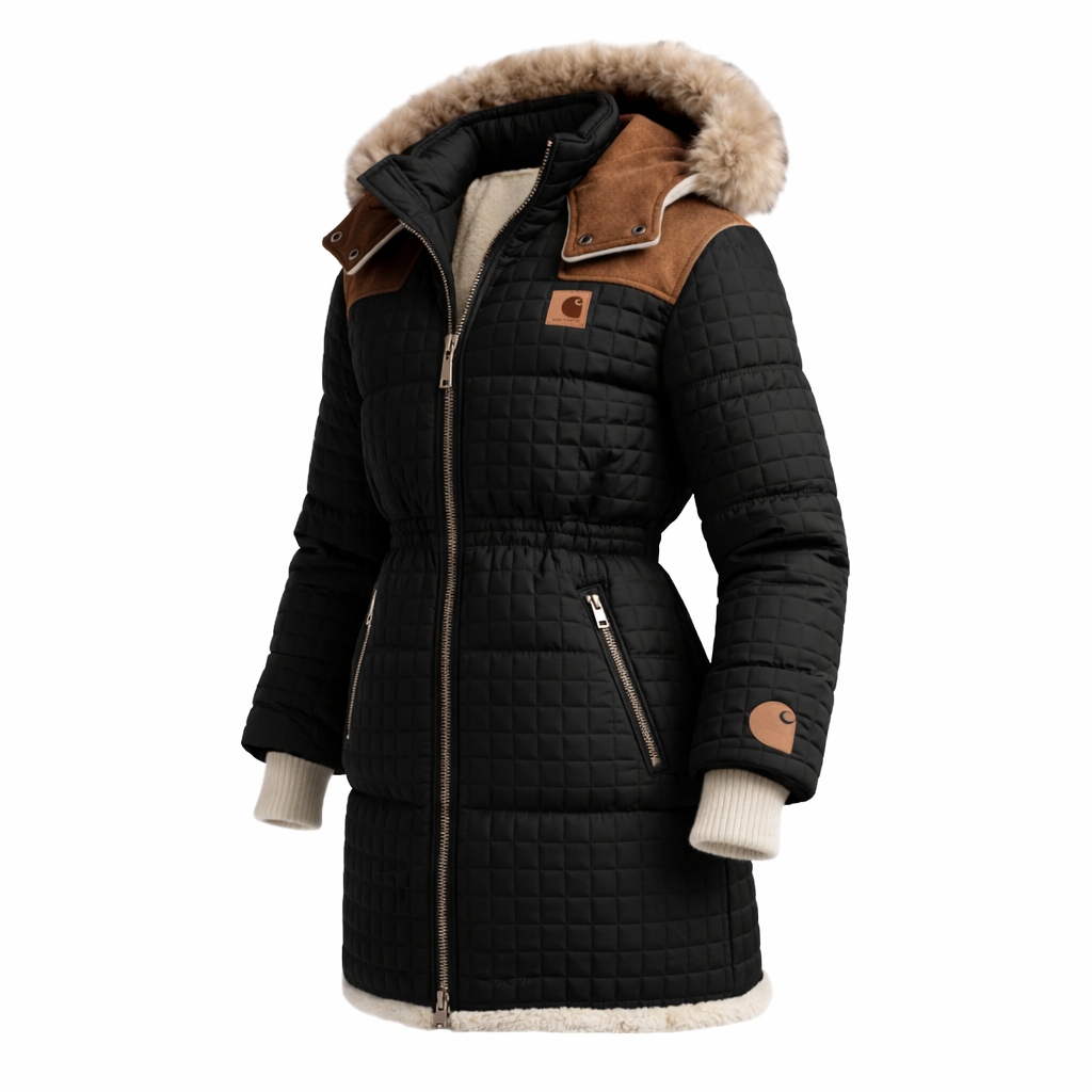Women's Waffle Contrast Suede Collar Hooded Mid-Length Jacket