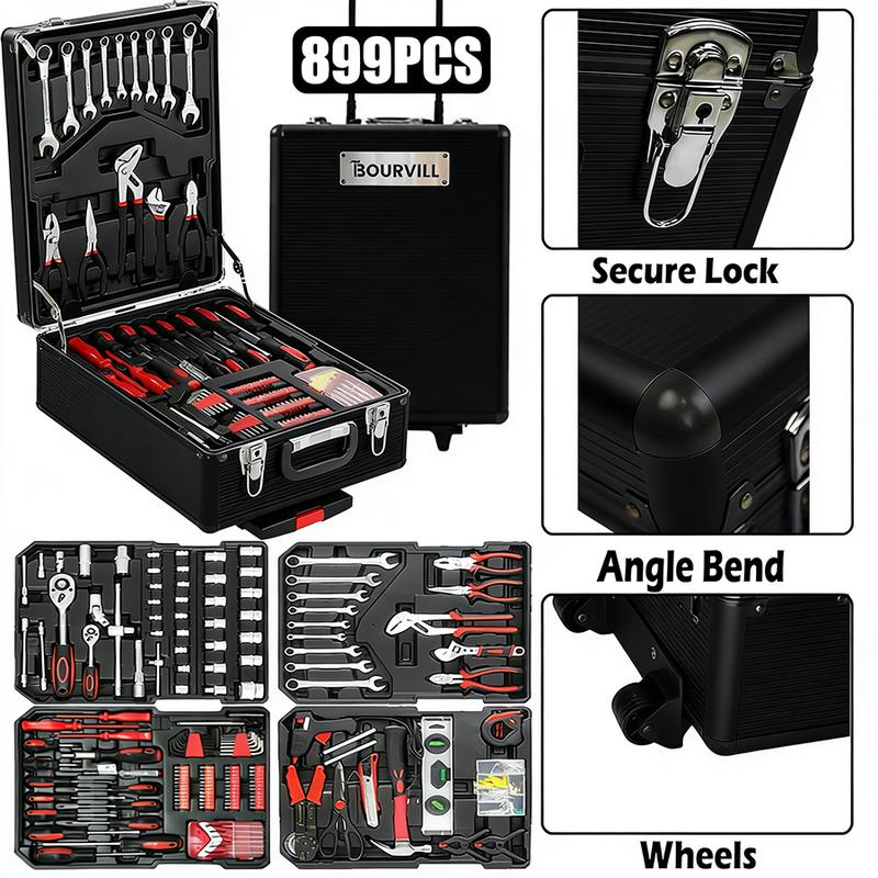 899PCS Tool Set,Large Capacity Metal Hand Toolbox,Rolling Toolbox,Aluminum 4-Drawer Mobile Tool Box,Mechanic & Household Repair Tool Set,Father's Day Gift for Dad