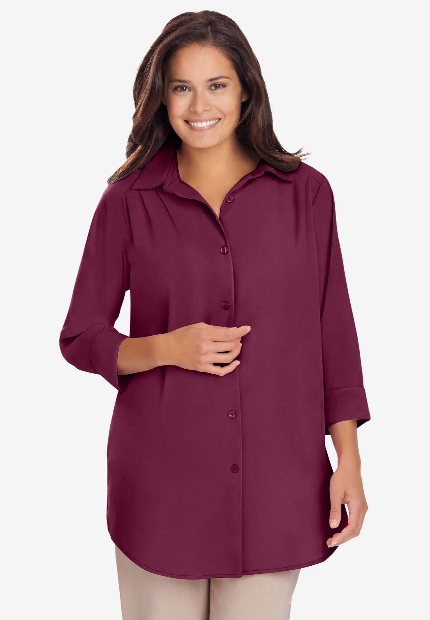 Three-Quarter Sleeve Peachskin Button Front Shirt