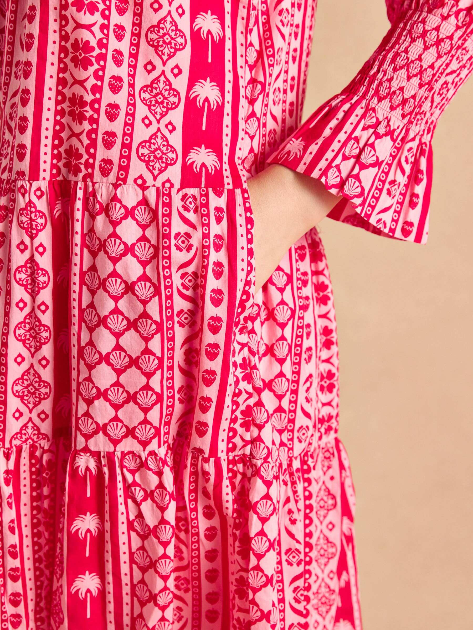 Alessia Pink Cotton V-Neck 3/4 Length Sleeve Tiered Dress