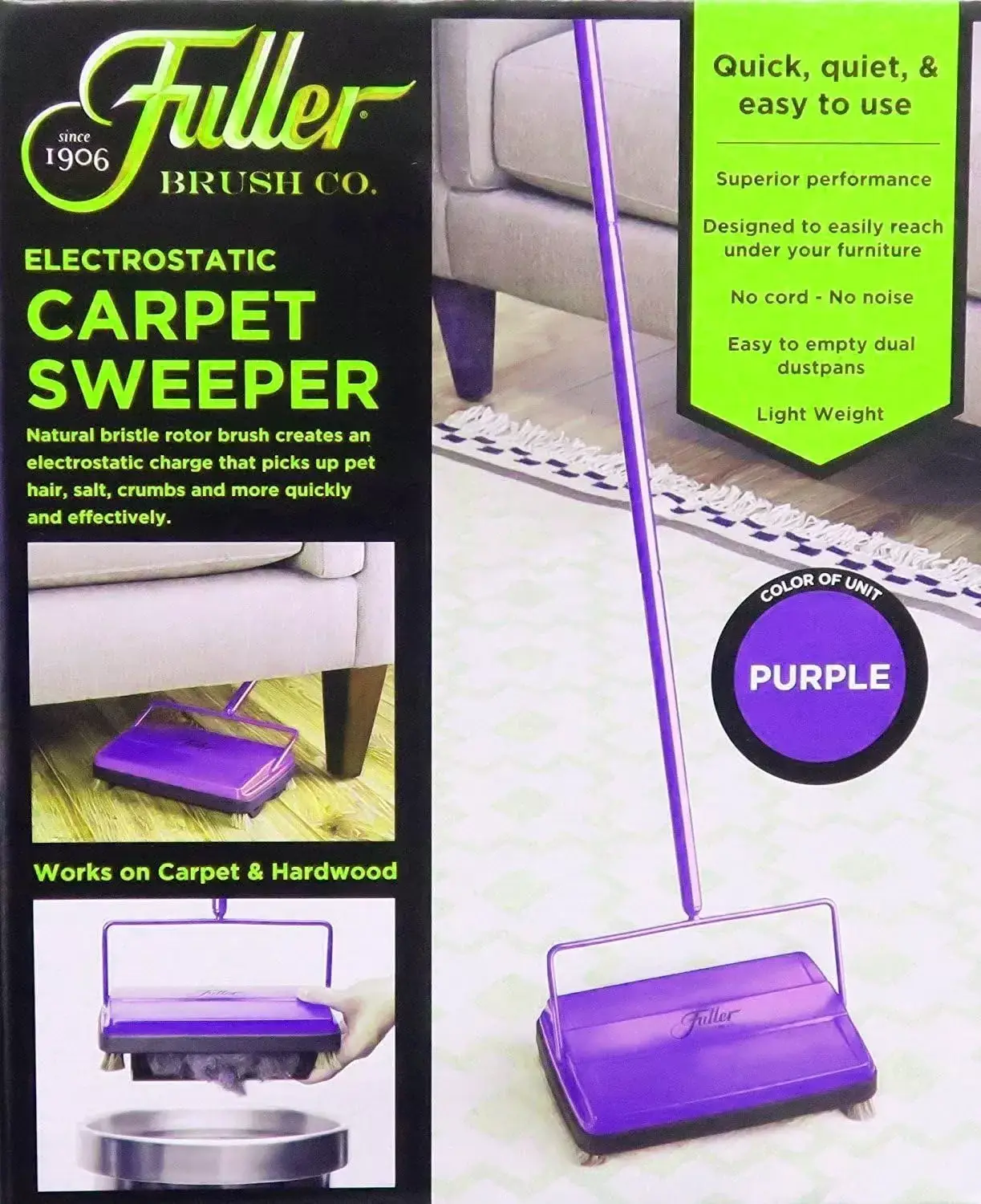 Fuller Brush 17027 Carpet & Floor Sweeper- Mini Stick Cleaner For Hardwood Surfaces, Wood Floors, Laminate, Tile- Small & Portable For The Home Or Office - Cleans Dust Pet Hair- Electrostatic & Silent