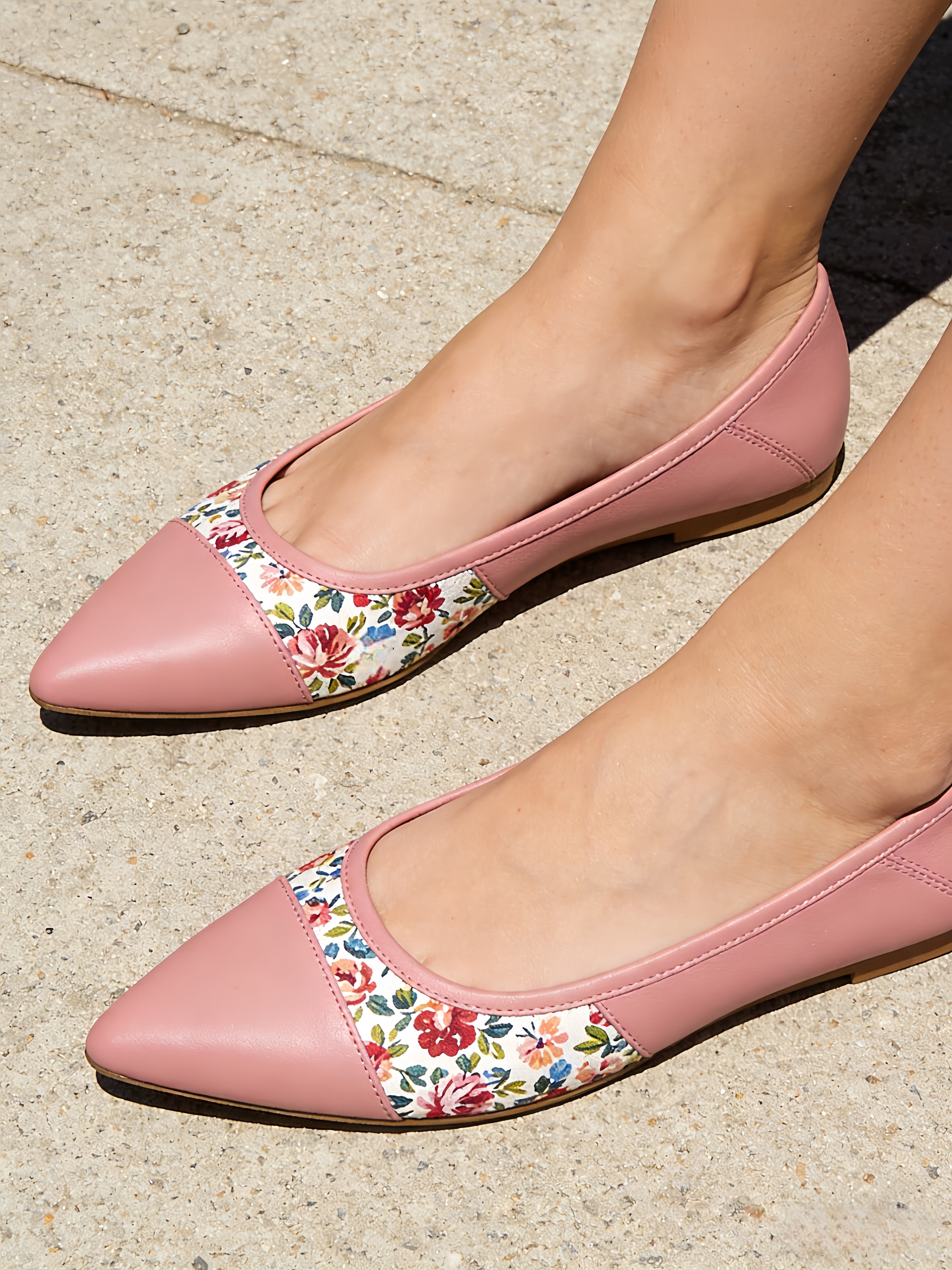 Pink Flat Feet Shoes Sheepskin Comfy Splicing Floral Pointed Toe