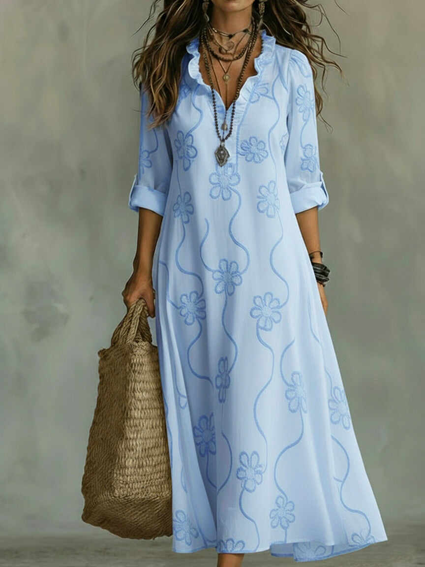 Casual Lace Embroidered Linen Maxi Dress