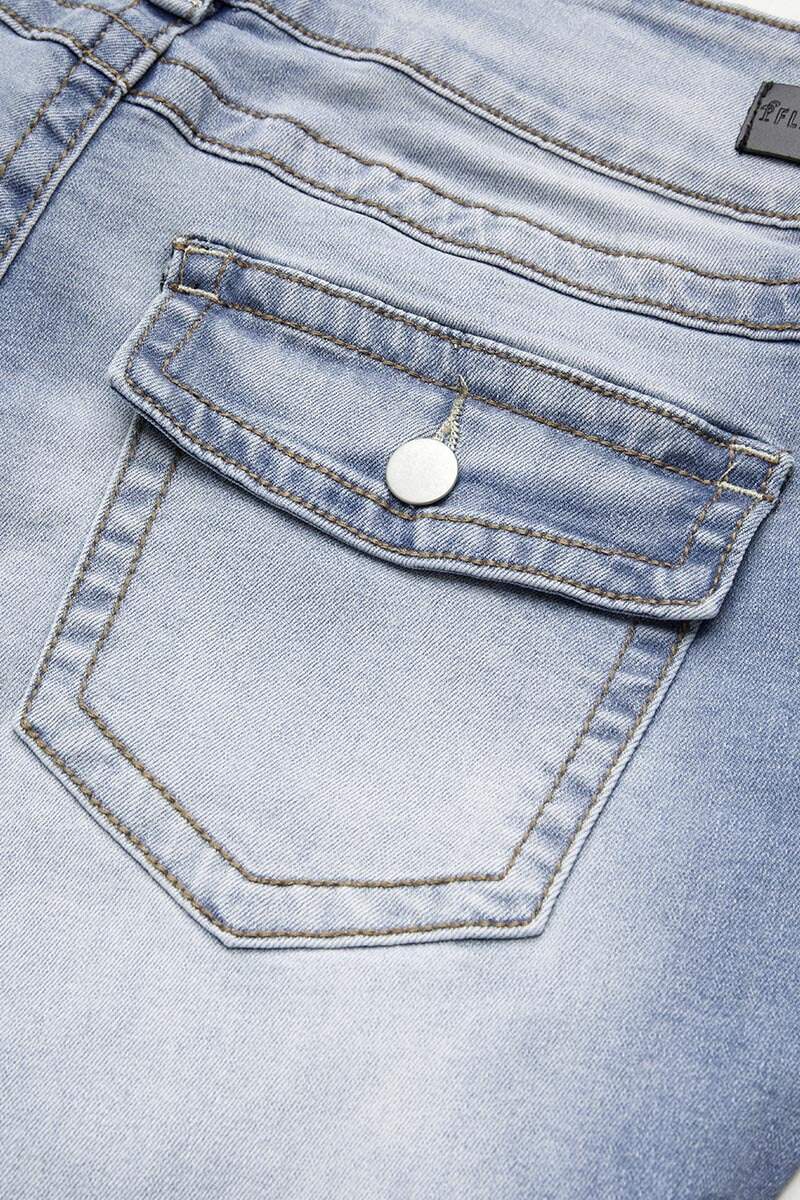 Wash Double Button Flap Pocket Mid Waist Straight Leg Jeans