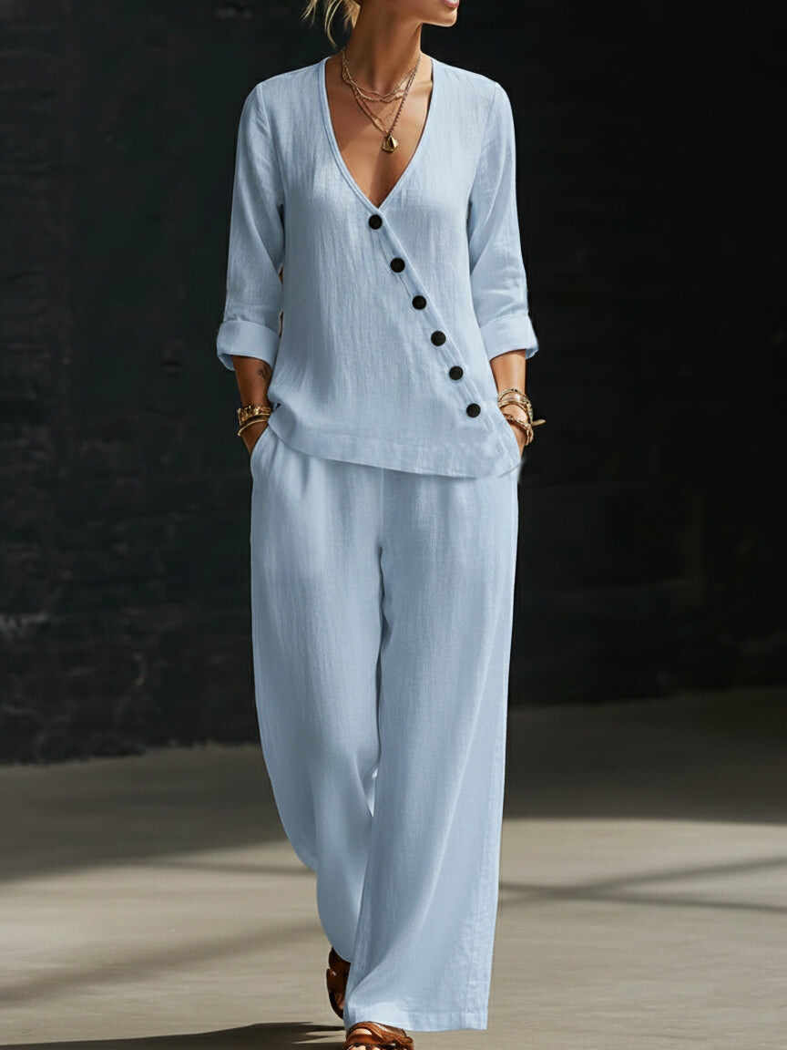 🔥Summer Arrivals🌟Minimalist V-neck Shirt And Wide-leg Pants Two-piece Set