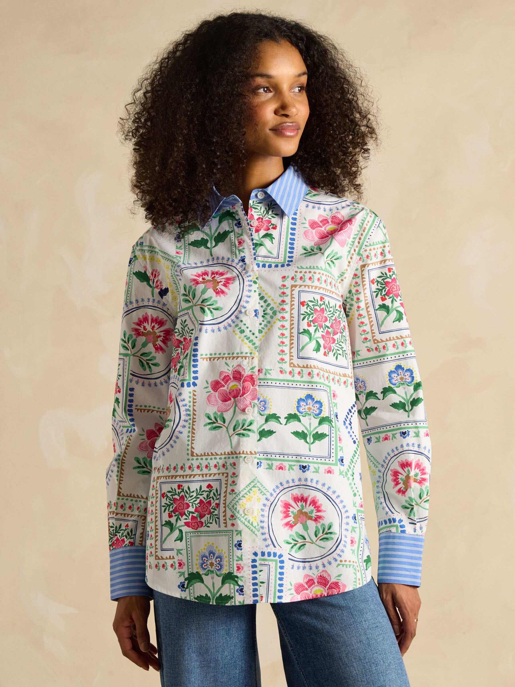 Amilla Cream Tile Print Longline Relaxed Fit Shirt