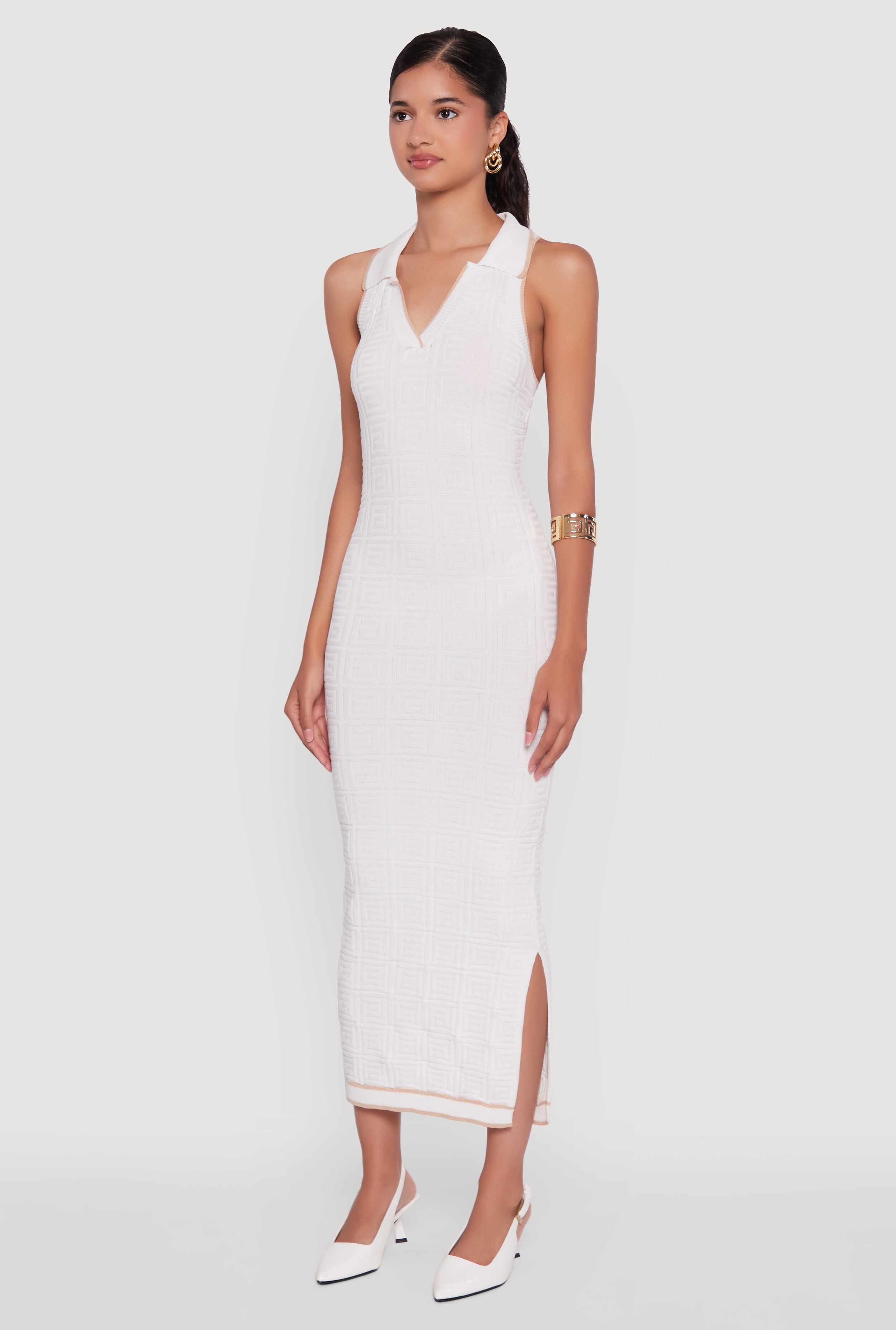 Textured Knit Greek Key Patterned Midi Dress