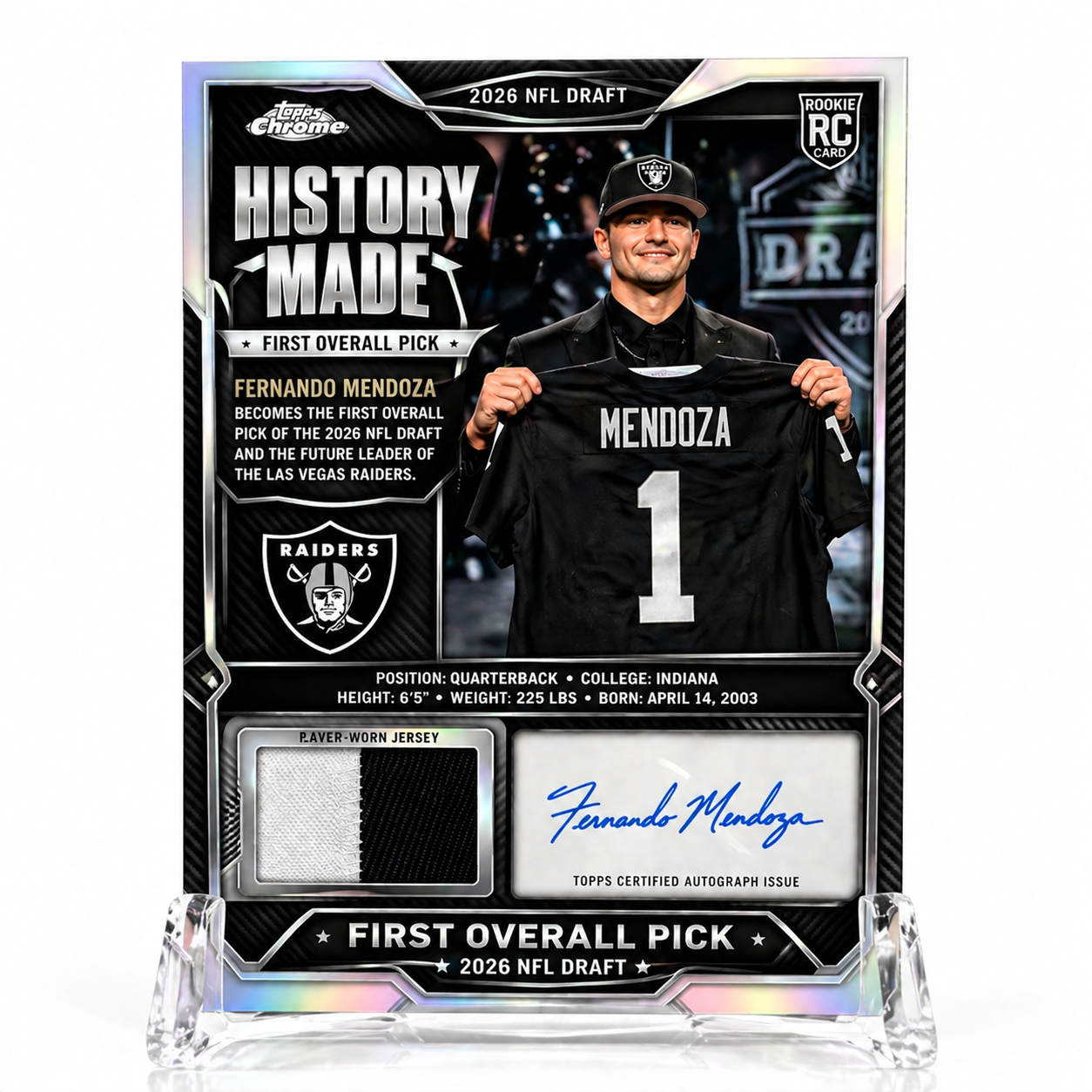 2026 First Overall Pick Rookie Fernando Mendoza Autograph Jersey Card