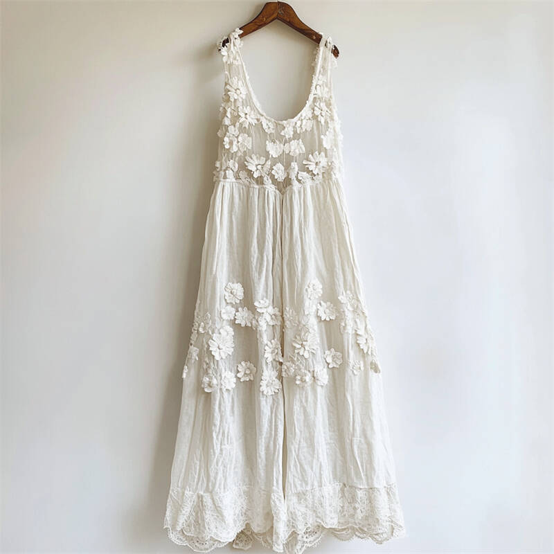 Vintage Floral Hollow Lace Patchwork Linen Tank Dress
