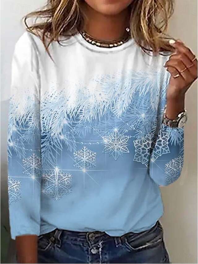Women's Christmas Sweatshirt Long Sleeve Ombre Holiday Tree Snowflake Print Casual Red White Winter Cozy Festive Pullover Top