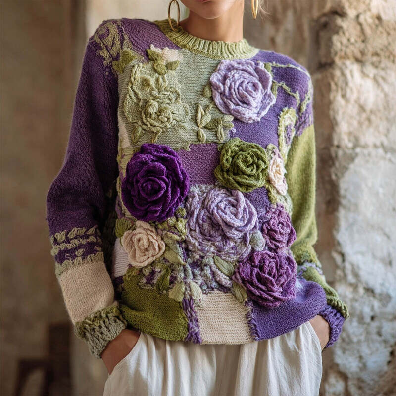 Vintage Roses Embroidered Patchwork Crew Neck Cozy Sweater