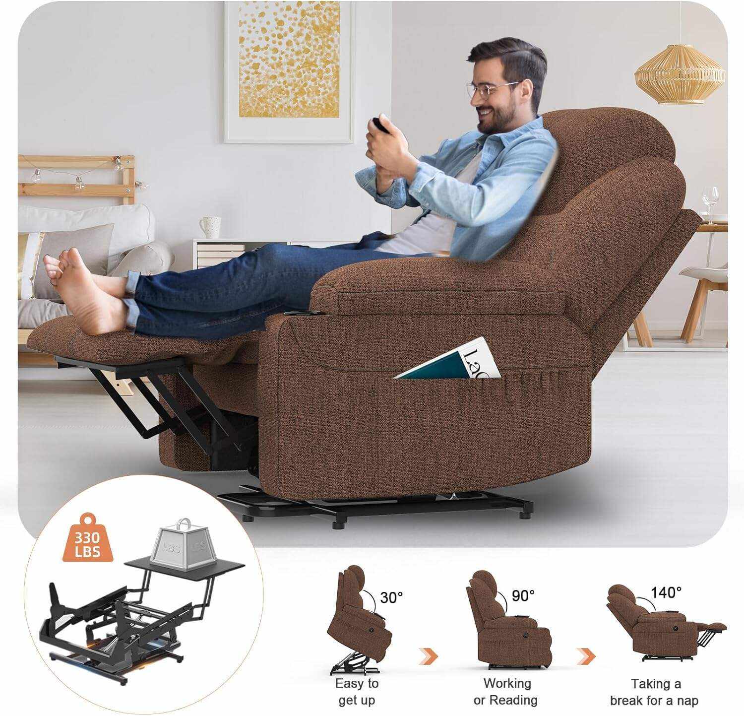 YONISEE Lar2ge Lift Chairs Recliner for Elderly - Power Fabric Lift Chair Modern with Massage and Heat, Extended Footrest, 3 Positions, 2 Side Pockets, and Cup Holders, USB Ports, Coffee Color