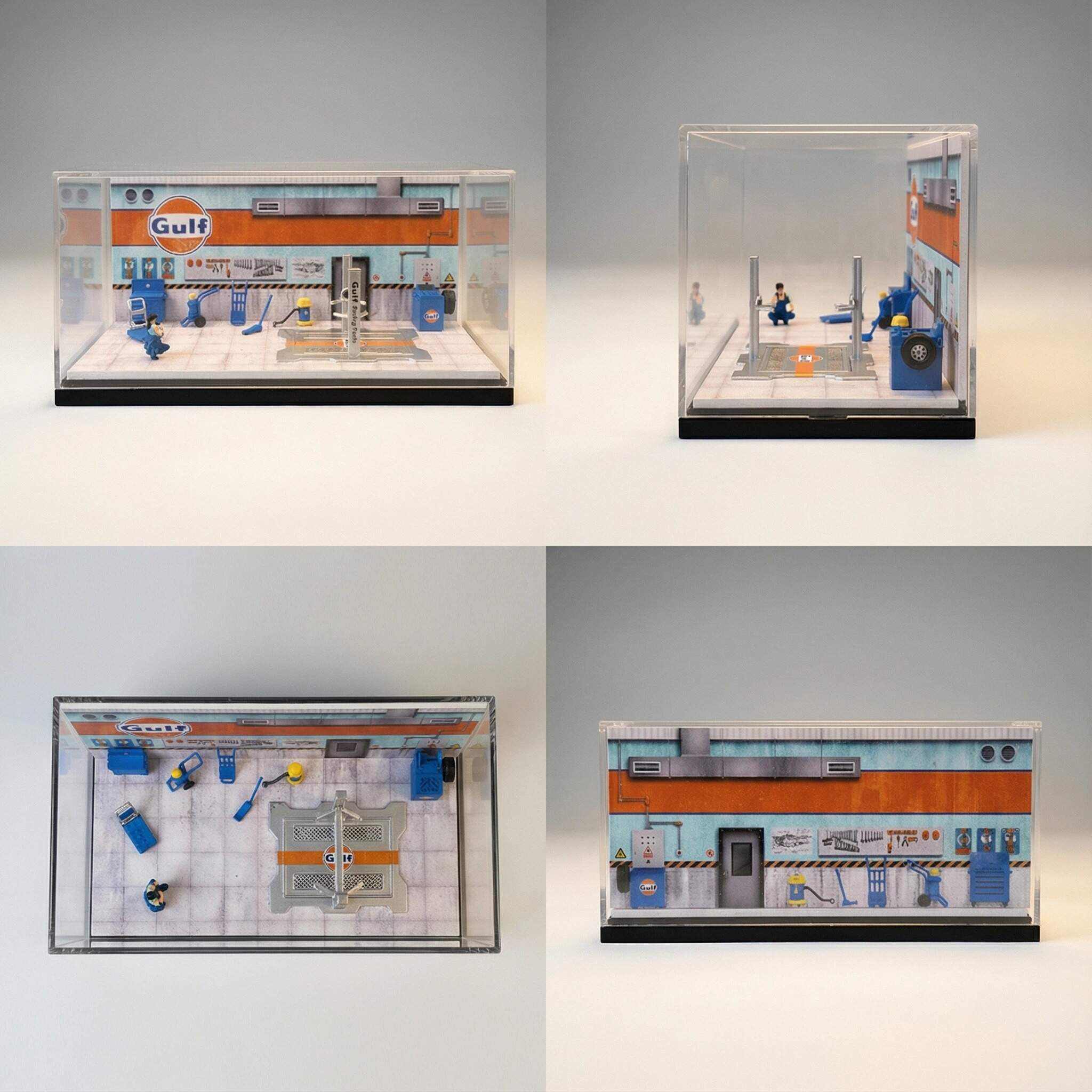 1:64 Scale Classic Oil Service Garage Diorama Display Case – Vintage Workshop Scene for Diecast Cars