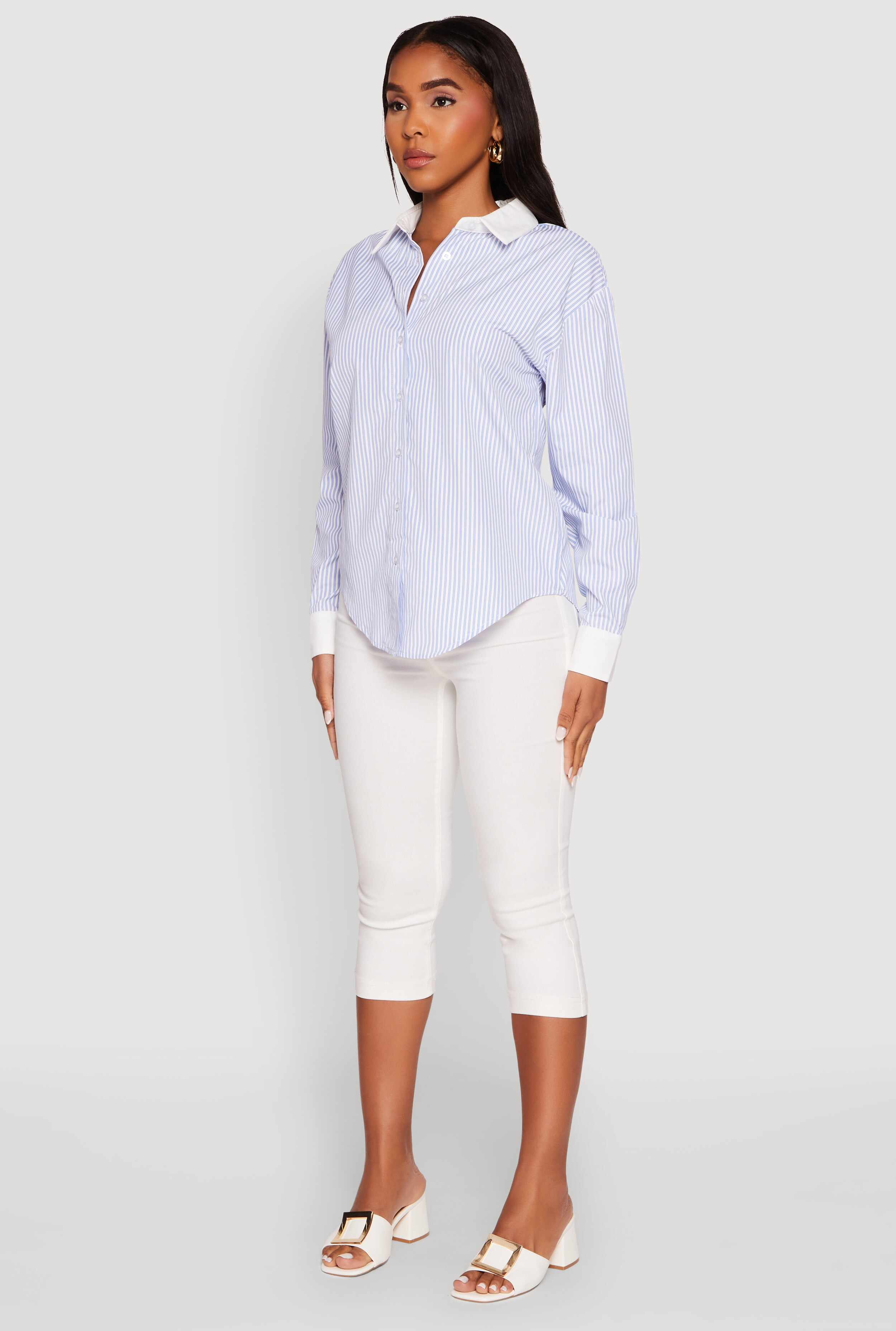 Haute Monde Striped Poplin Shirt with Contrast Trim