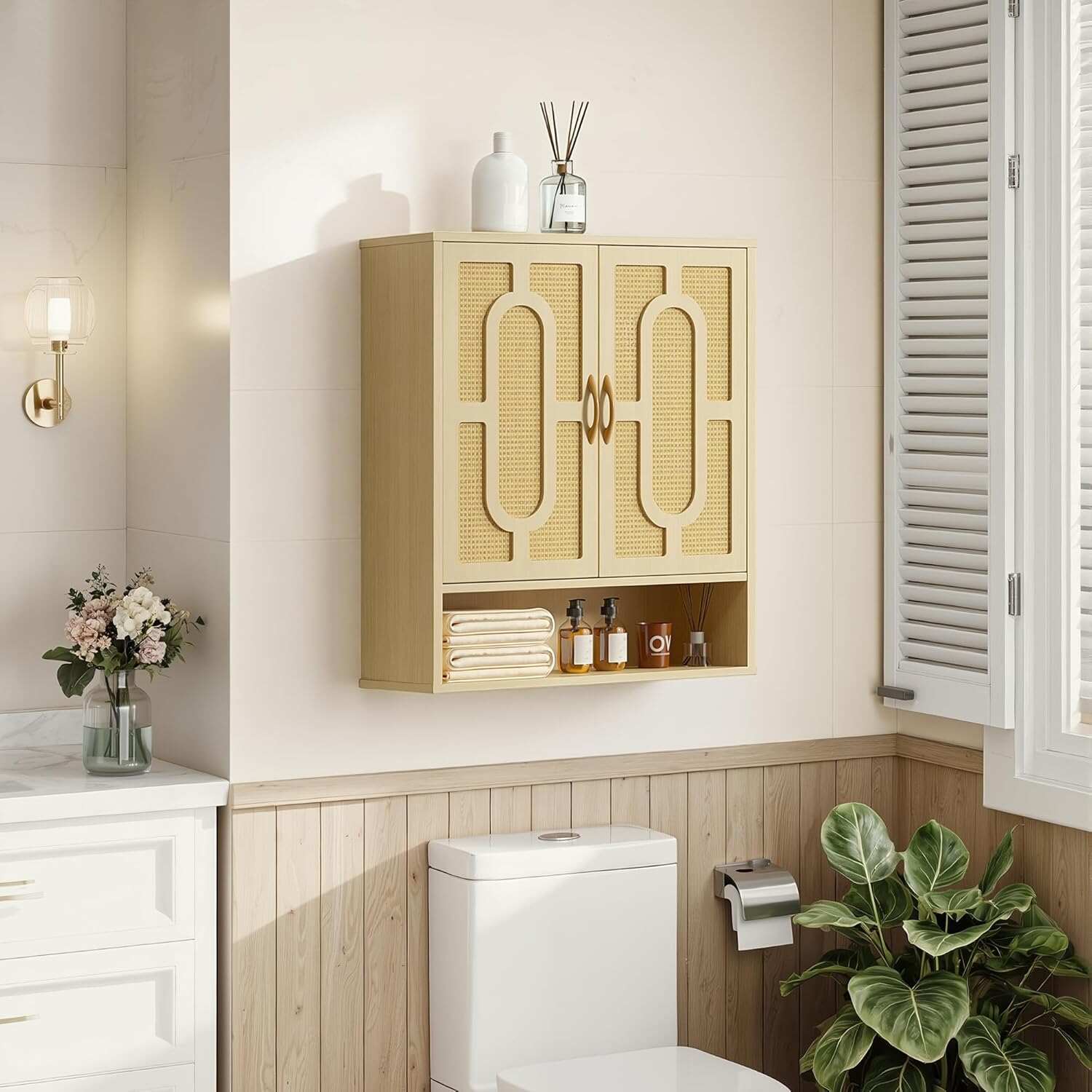 VECELO Rattan Bathroom Wall Cabinet