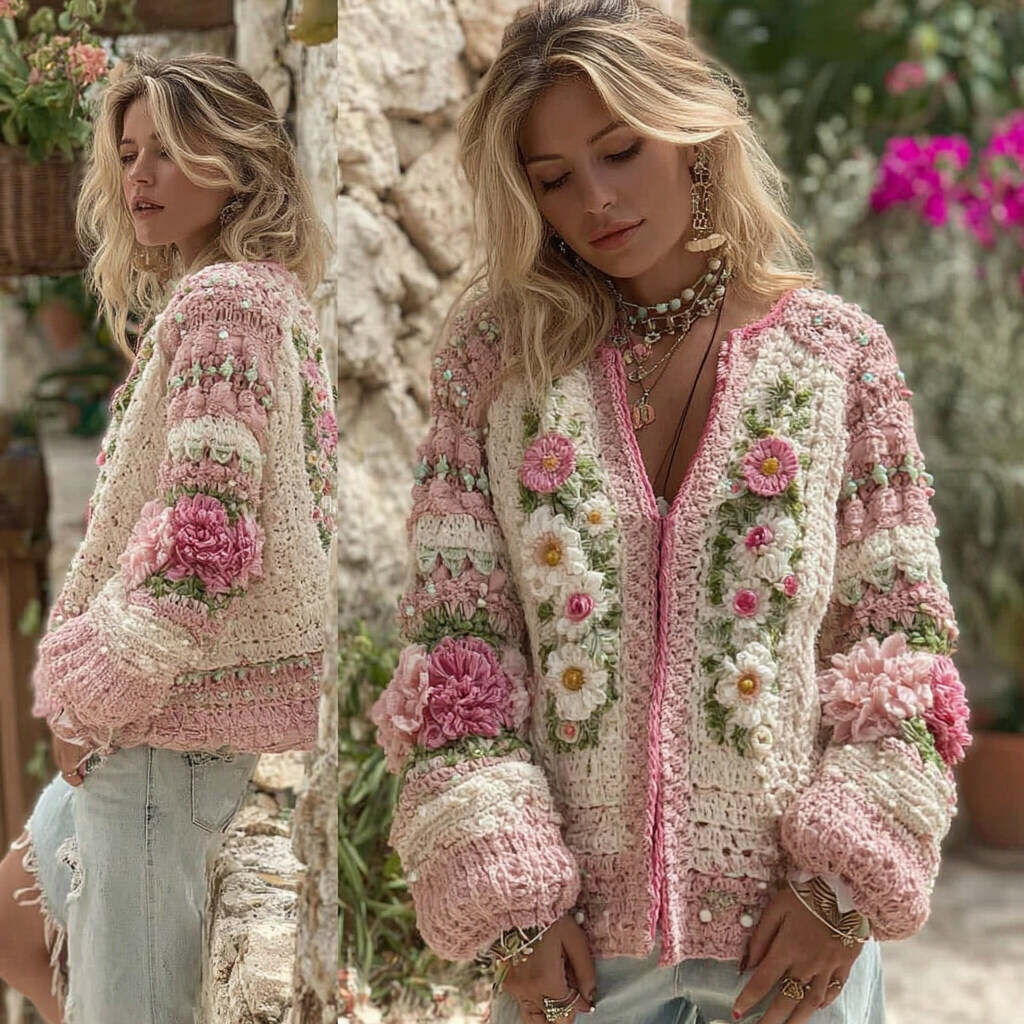 Women's Boho Colorblock Rose Granny Check Chunky Knit Cardigan Sweater