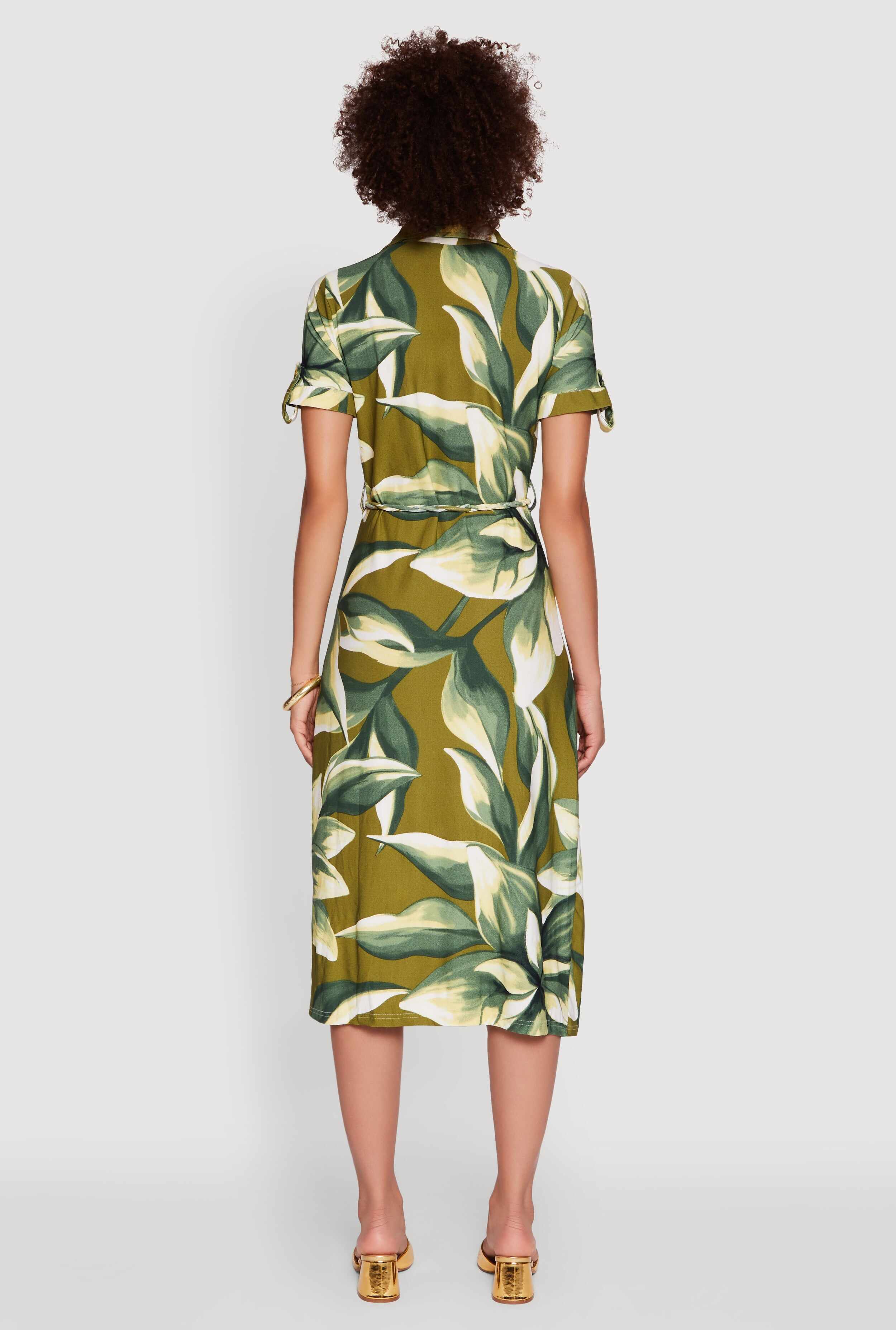 Leaf Print Button Front Shirt Dress with Tie Waist Belt