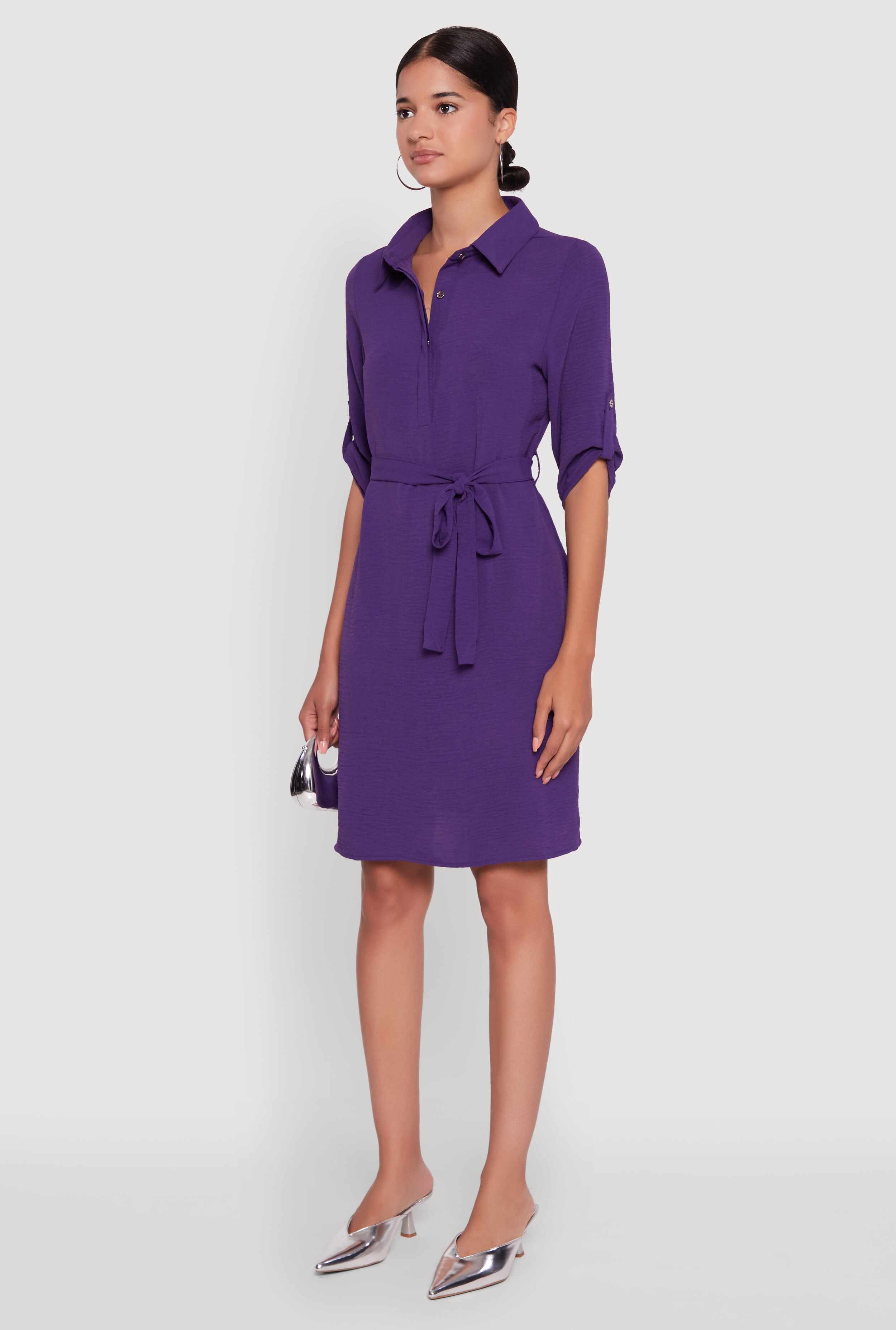 Airy Three Quarter Tabbed Sleeve Belted Shirt Dress