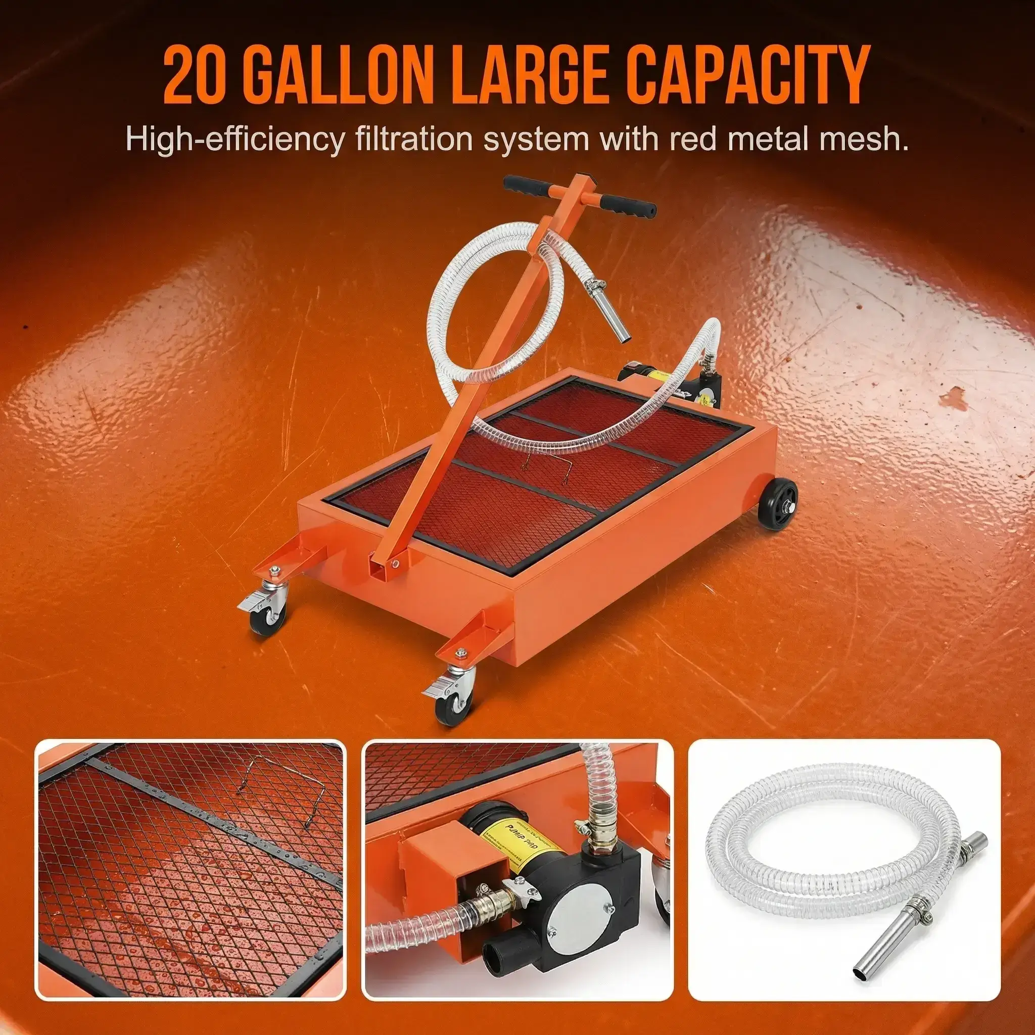 Oil Drain Pan-20/15 Gallon Low Profile  with Pump (Electric/Manual Options),Heavy Duty Portable Waste Fluid Drain Tub with 8ft Hose & Folding Handle for Trucks, SUVs, Cars