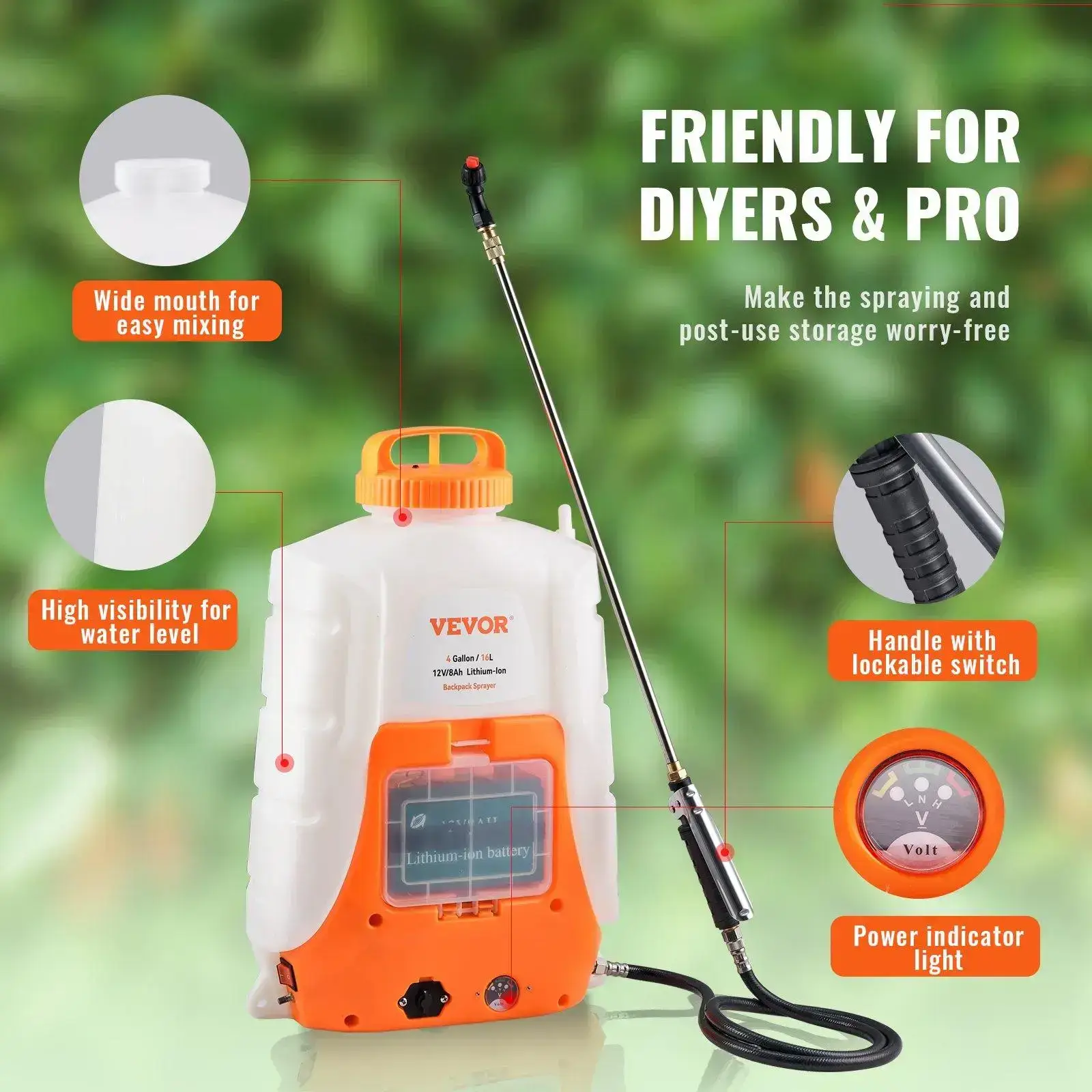 Battery Powered Portable Backpack Sprayer, 0-90 PSI Adjustable Pressure, 4 Gallon Tank, Back Pack Sprayer with 8 Nozzles and 2 Wands, 12V 8Ah Battery, Wide Mouth Lid for Weeding, Spraying, Cleaning